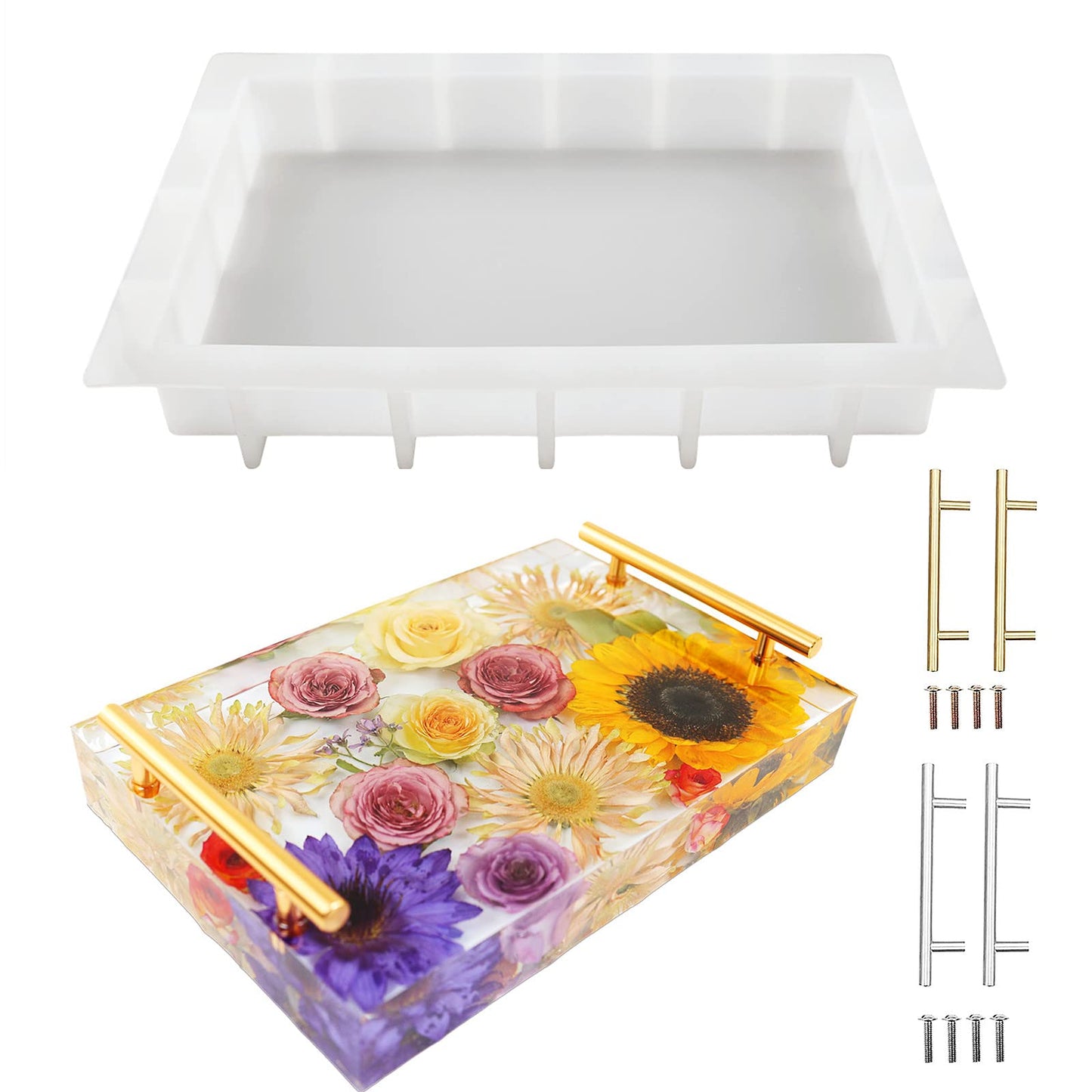JEYUQAXY Large Silicone Tray Molds for Resin, 13.5"X9.5" Deep Rectangle Epoxy Tray Molds with 4pcs Gold & Silver Handles, Resin Table Mold for River Board Table DIY Art Home Decoration