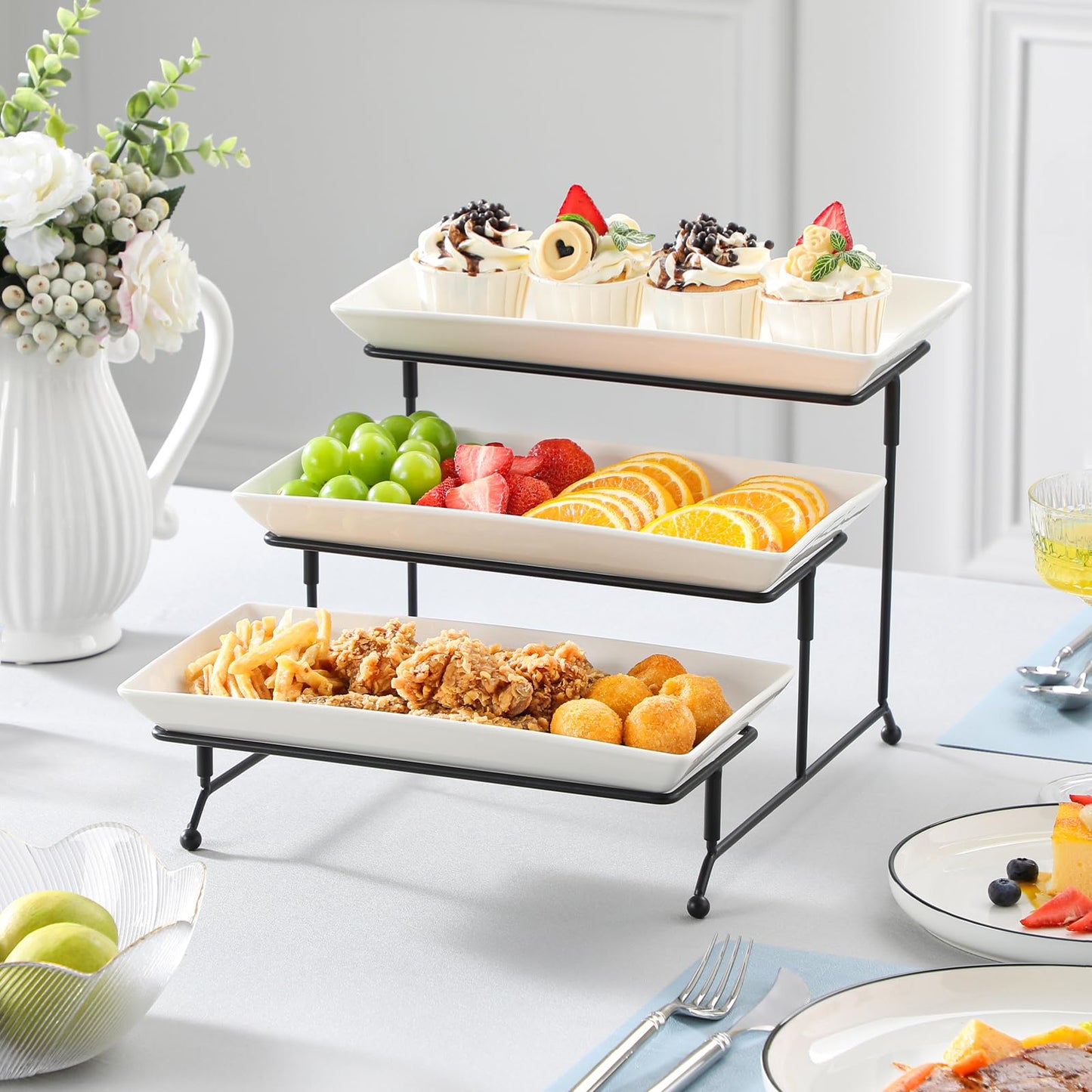MALACASA 3 Tier Serving Trays for Party, Porcelain Serving Platters and Trays, 12 Inch Tiered Tray Stand, Fruit Tray, Trays for Serving Food, White Dessert Stand with Collapsible Sturdier Metal Rack
