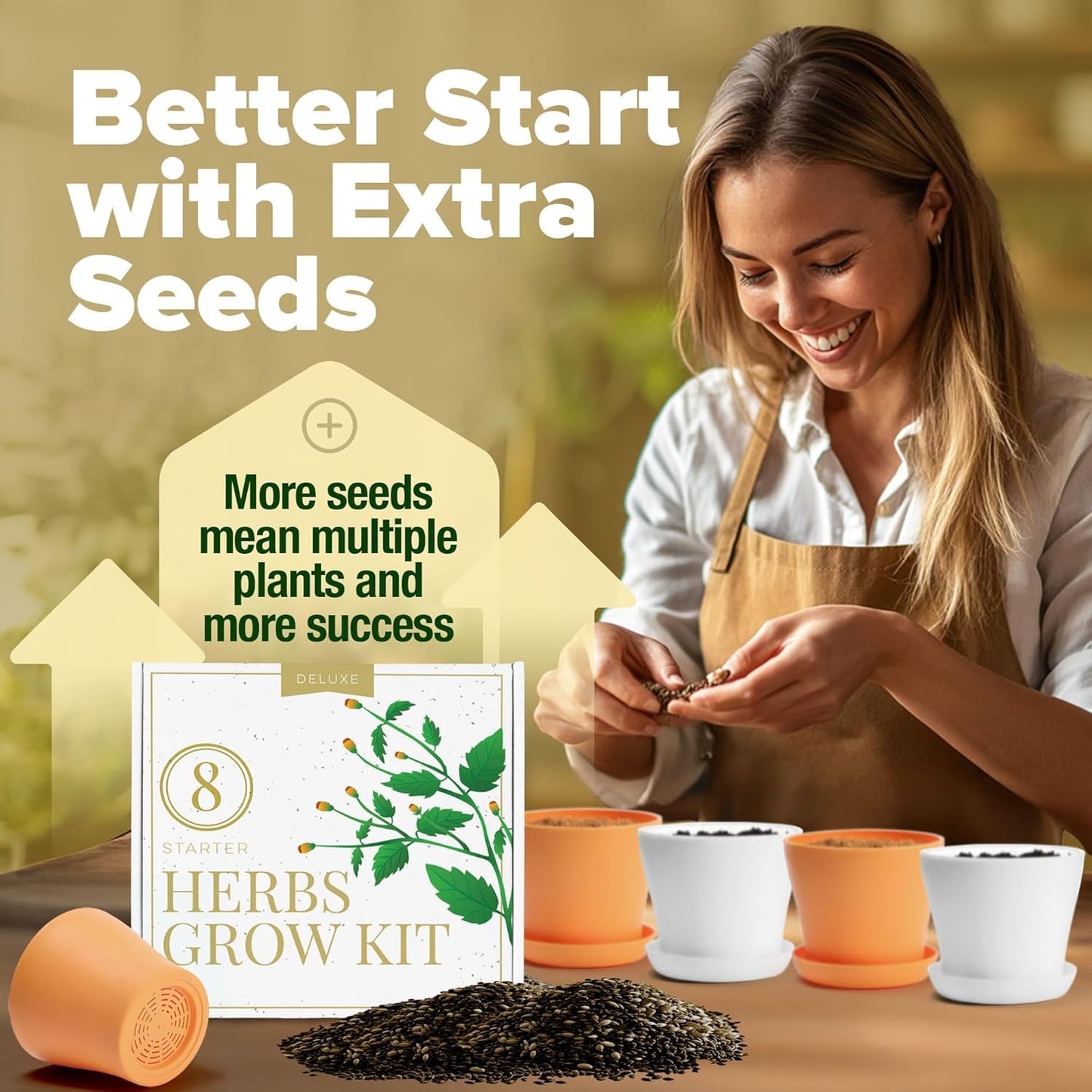HOME GROWN 𝗣𝗥𝗘𝗠𝗜𝗨𝗠 𝗛𝗘𝗥𝗕 𝗞𝗜𝗧 8 Herb Seeds Garden Kit, Complete Indoor Planter Gift with Basil Cilantro Mint & More, Unique Kitchen Growing Set for Women Men, Birthday Housewarming Present