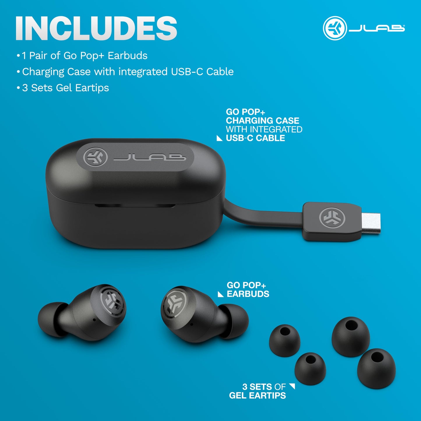 JLab Go Air Pop+ True Wireless Earbuds, in Ear Headphones, Bluetooth Earphones, 35H Playtime Ear Buds, Bluetooth Earbuds with Microphone, USB-C Charging Case, Dual Connect, EQ3 Sound, Black