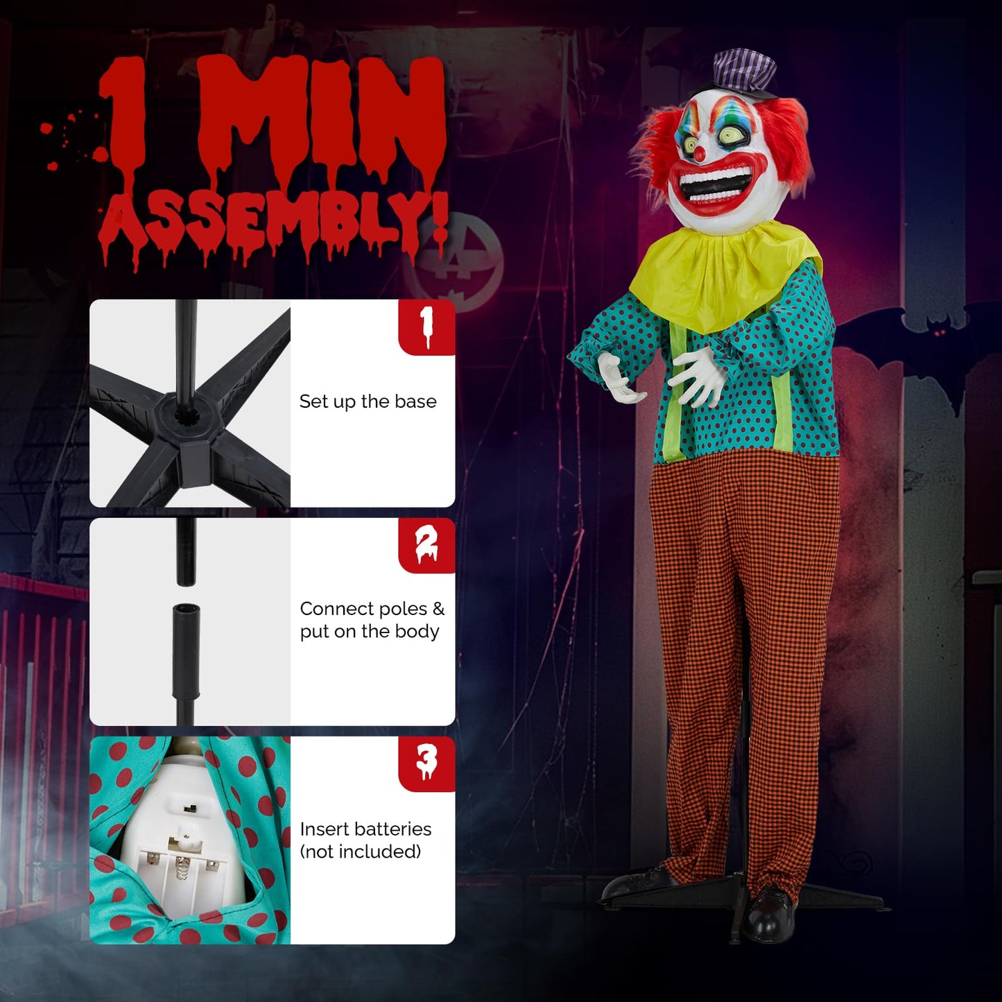 Holidayana Halloween Animatronics Creepy Clown，6FT Halloween Decor Animatronics Talking Outdoor Decorations with Voice Control Light Up Eyes Movable Arms for Indoor Party Prop and Outdoor Lawn Pa