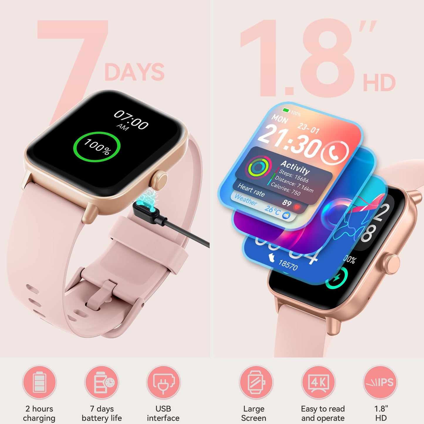 Smart Watches for Women, 1.8" HD Smart Watch (Answer/Make Call) for iPhone/Android, Alexa Bulit-in, Fitness Watch with Sleep/Health Monitor, Watches for Women with 110 Sport Mode, IP68 Waterproof ﻿
