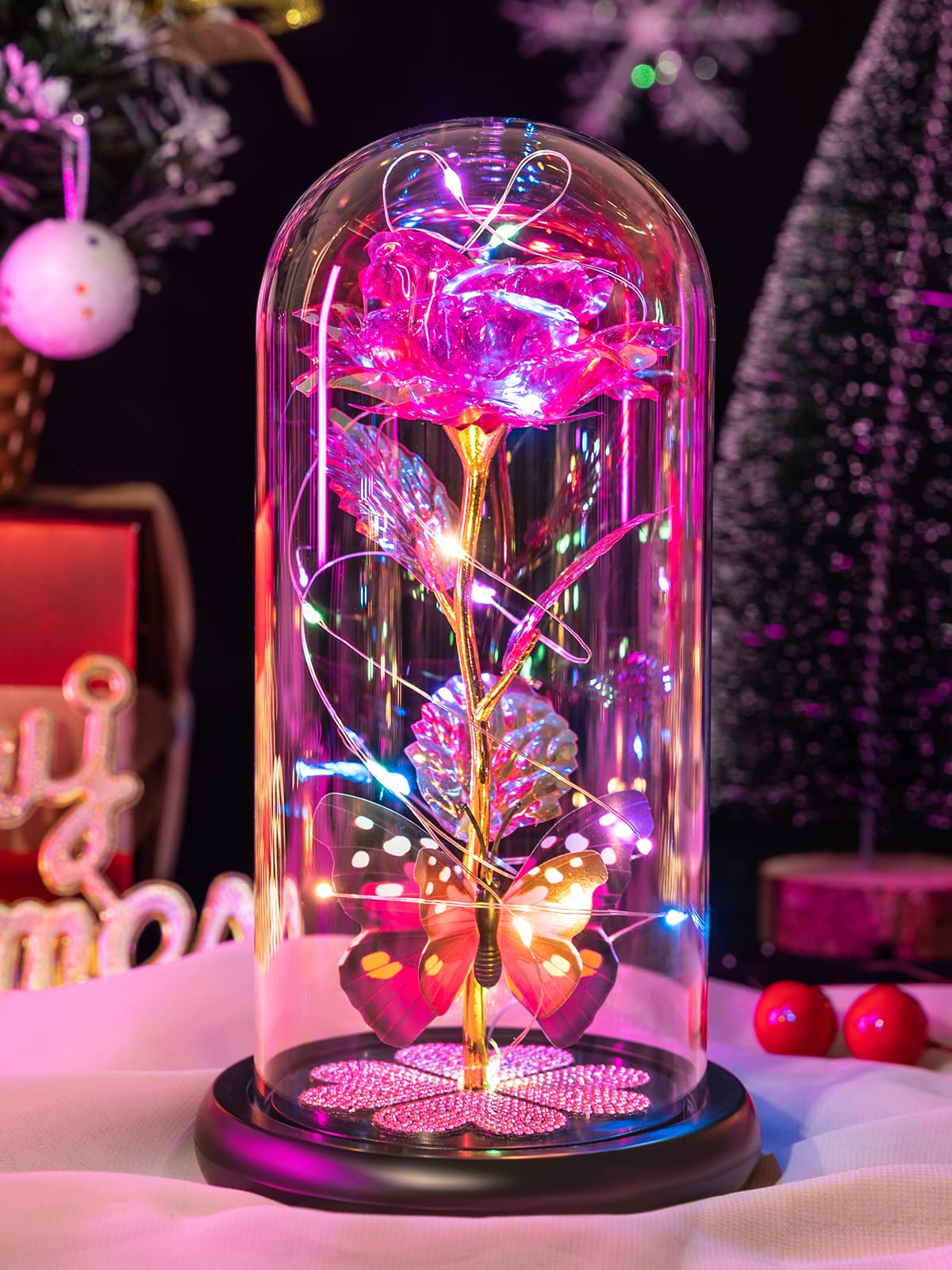 Birthday Gifts for Women Mom, Galaxy Glass Rose Forever Eternal Crystal Flower Light Up Rose in Glass Dome with Butterfly Mothers Day Christmas Rose Gifts for Her Wife Grandma Daughter Friends Pink