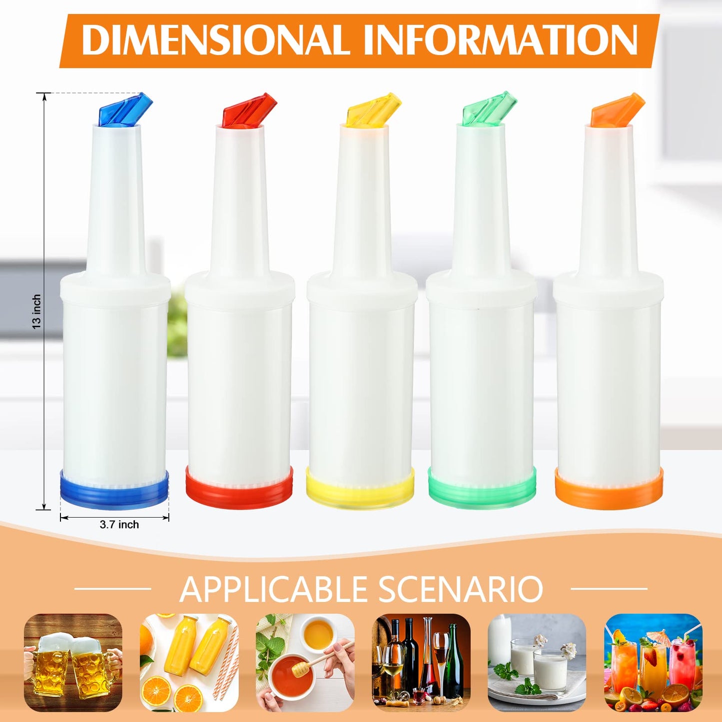 CHENGU 6 Pcs Bar Pour Colorful Juice Pouring Bottle Containers 34 oz Plastic Juice Dispensers for Bar Home Party Kitchen Supplies (White,Orange,Red,Yellow,Blue,Green)