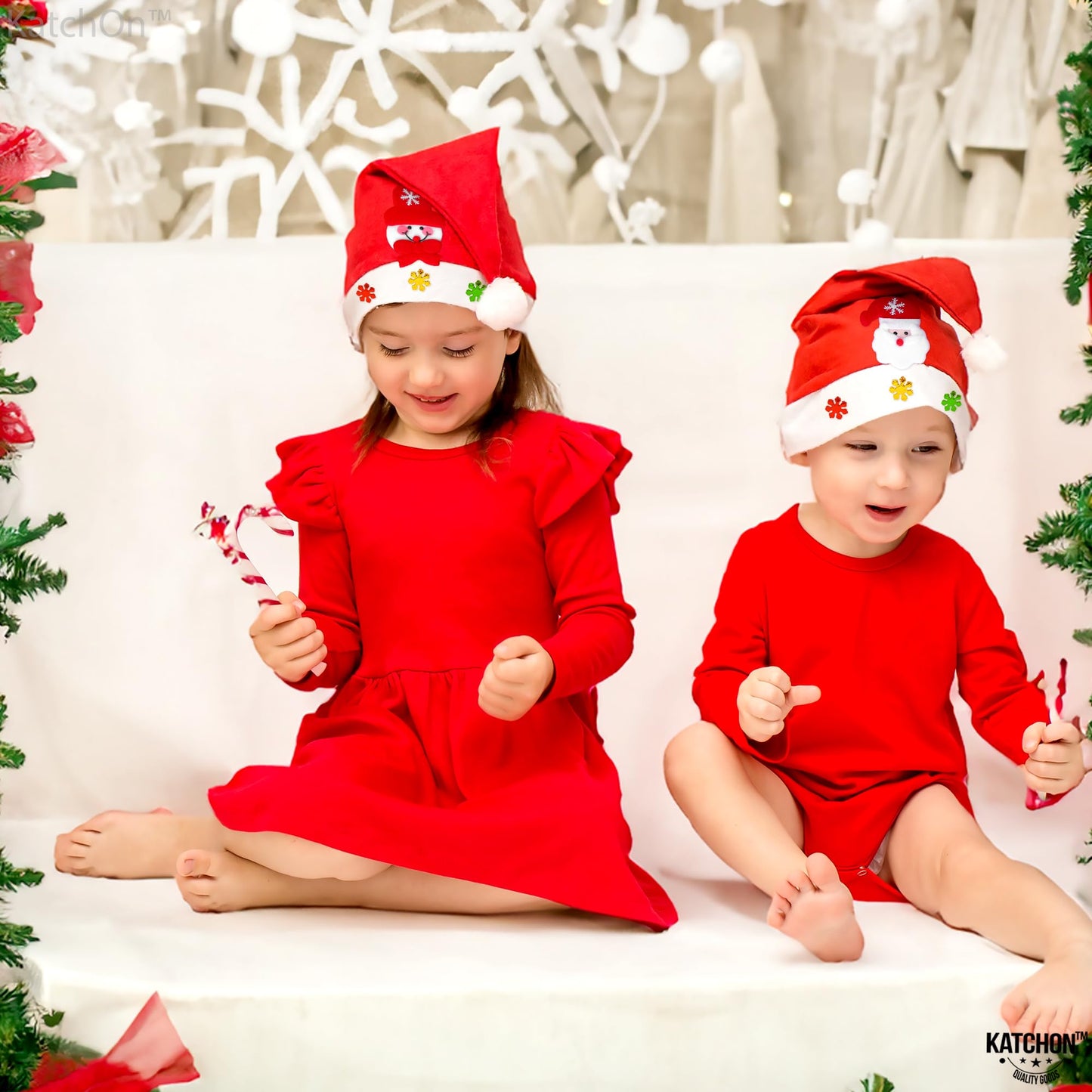 KatchOn Red Santa Hats for Kids - Pack of 2, 6.5x13 Inch | Christmas Party Favors and Decorations | Santa Claus Hats for Boys and Girls
