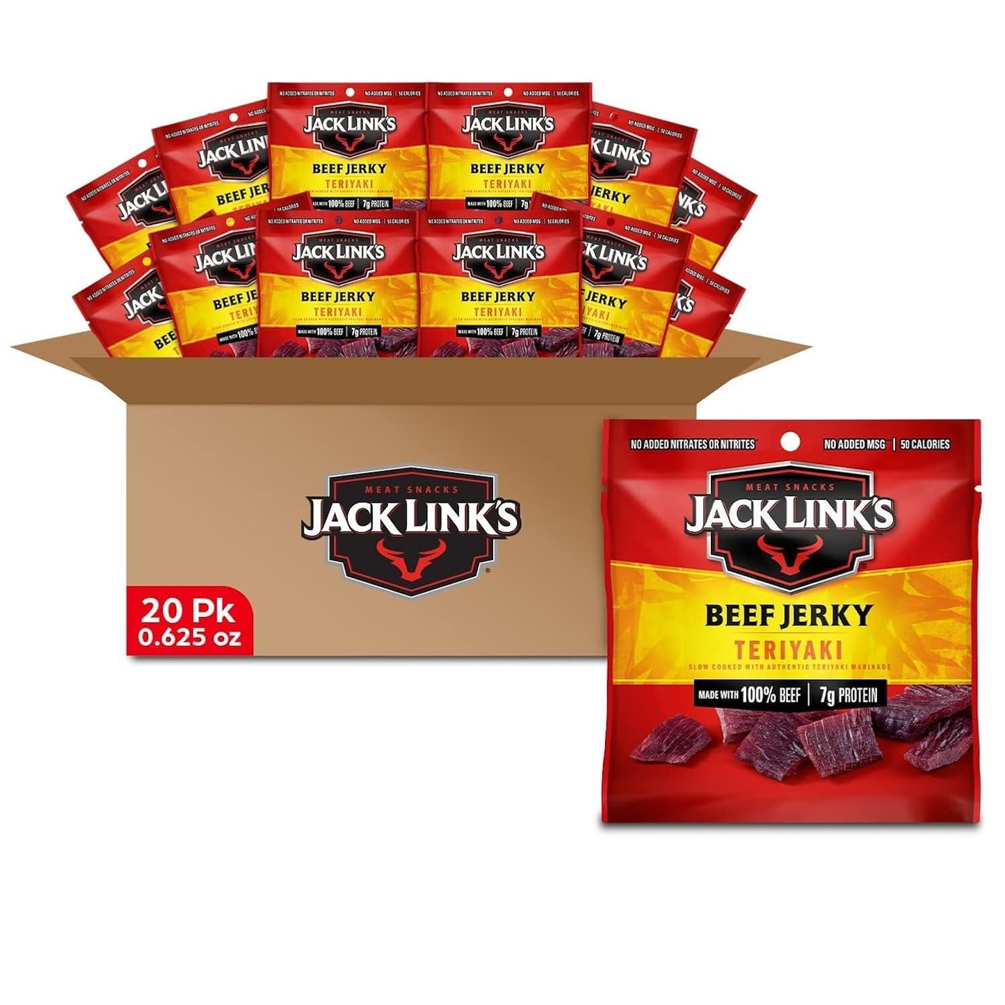 Jack Link's Beef Jerky, Teriyaki, Multipack Bags - Flavorful Meat Snacks for Lunches, Ready to Eat Protein Snacks, Individual Packs - 7g of Protein, Made with 100% Beef - 0.625 oz (Pack of 20)