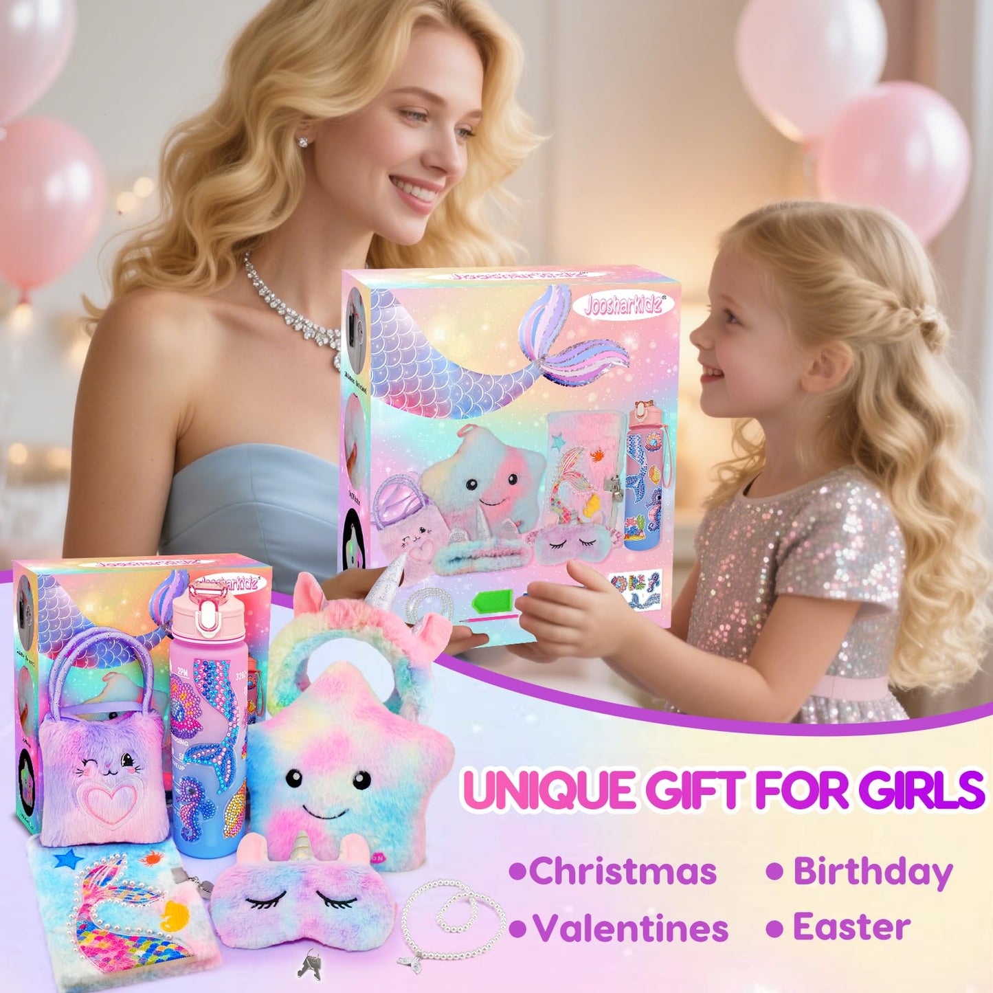 Gifts for Girls Age 4-6-8, Kids Mermaid & Unicorn Toy Set with Light Up Star Pillow, Diary, Headband, Sleep Mask, Surprise Girl Toys for 4 5 6 7 8 9 10 Year Old Girls Christmas Birthday Gifts Ideas