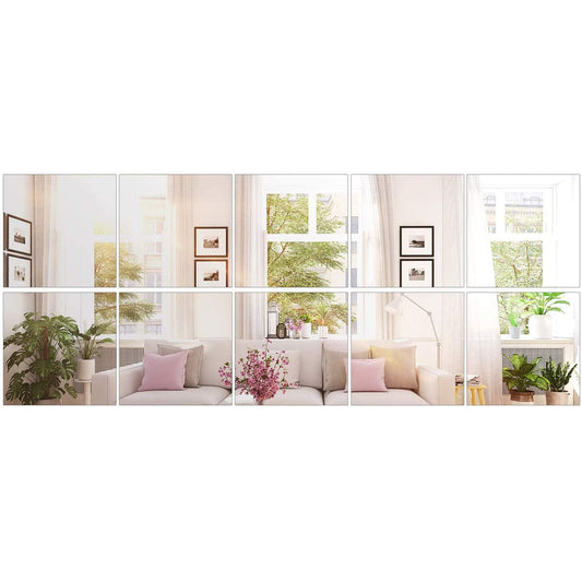 BBTO 10 Pieces Self Adhesive Mirror Stickers 12 x 12 Inch Flexible Cut to Size Mirror Sheets Wall Frameless Small Sheets for Home Living Room Wall Decor