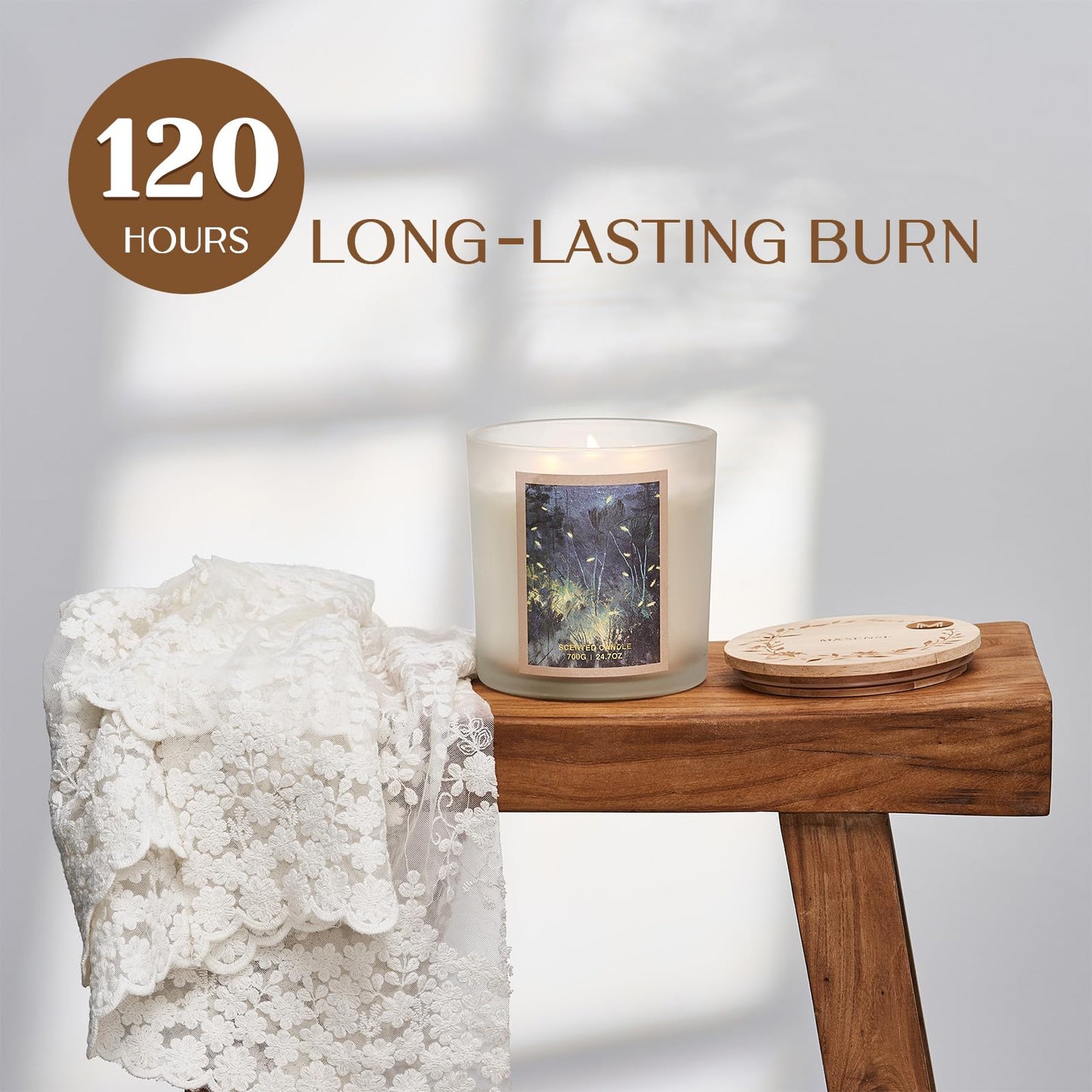 M&SENSE Large-Sized 3 Wick Summer's Night Calming Scented Candle, 24.7oz Soy Wax with Wooden Lid | 120 Hours Long Lasting Burn, Natural Jar Candle Gift for Stress Relief, Meditation, Relaxing SPA