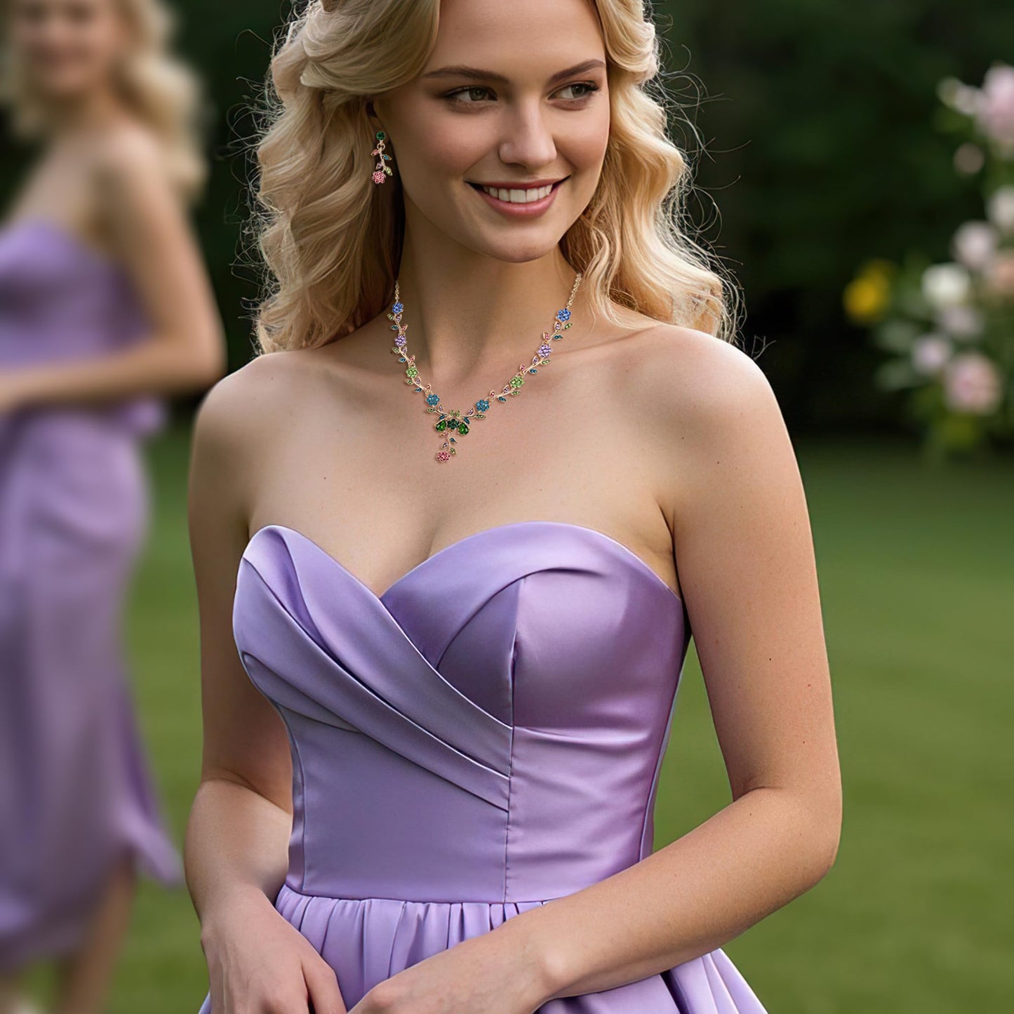 BriLove Women's Wedding Jewelry Leaf Cluster Flower Crystal Dangle Earrings Pendant Necklace Set for Bridal Multi Colour Gold-Tone