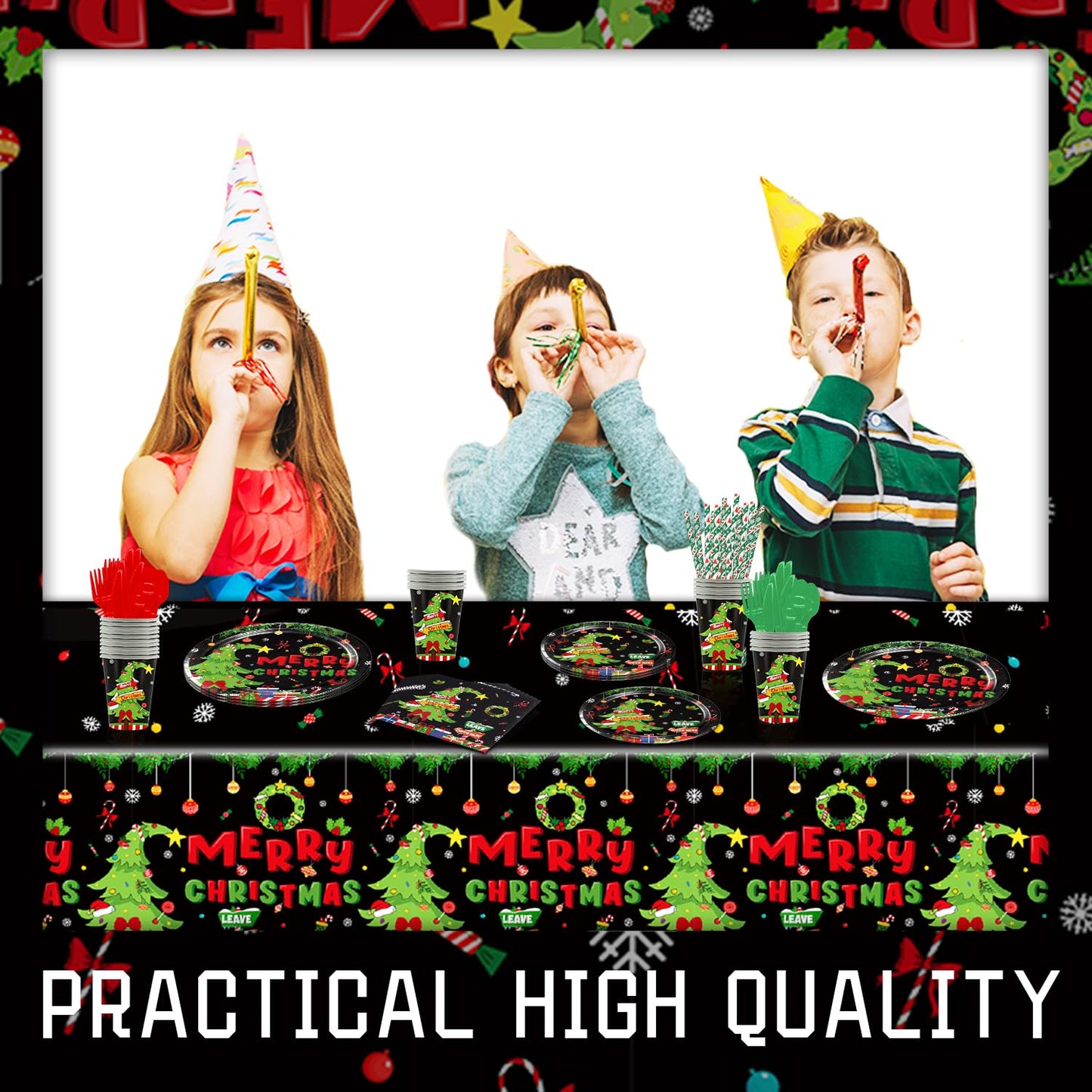 Christmas Novelty Party Tableware Set - Serves 25 Holiday Party Supplies, Disposable Plates, Tablecloth, Cups, Forks, Spoons, Knife, Napkins Dinnerware Utensils for Black Winter New Year Party