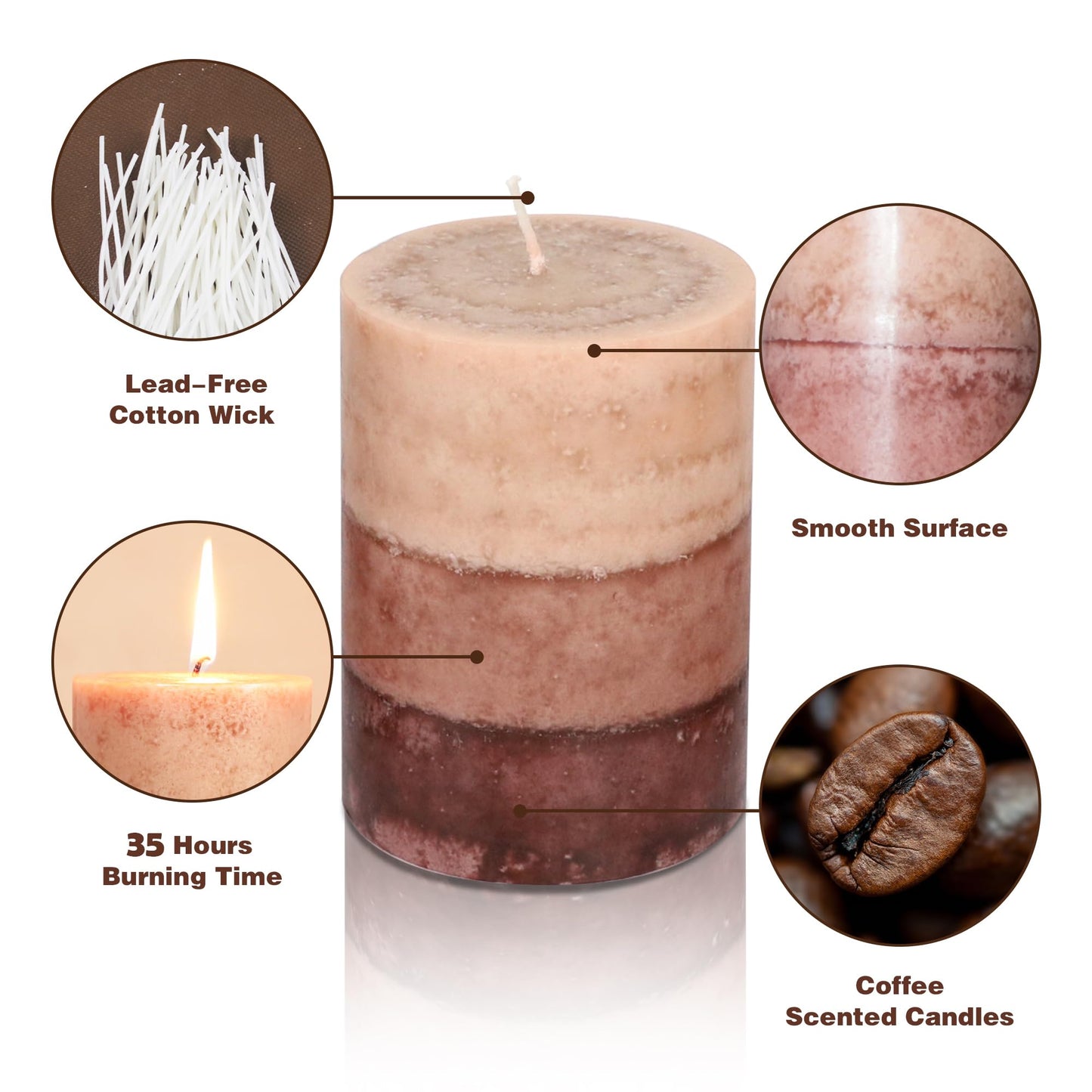 Cafemoon Coffee Pillar Candles, Aromatherapy Scented Candles, 35+ Hours Burn Long Lasting, Set of 3 Tall 3x4 Inch Dripless Pillar Candle, for Wedding and Home Décor