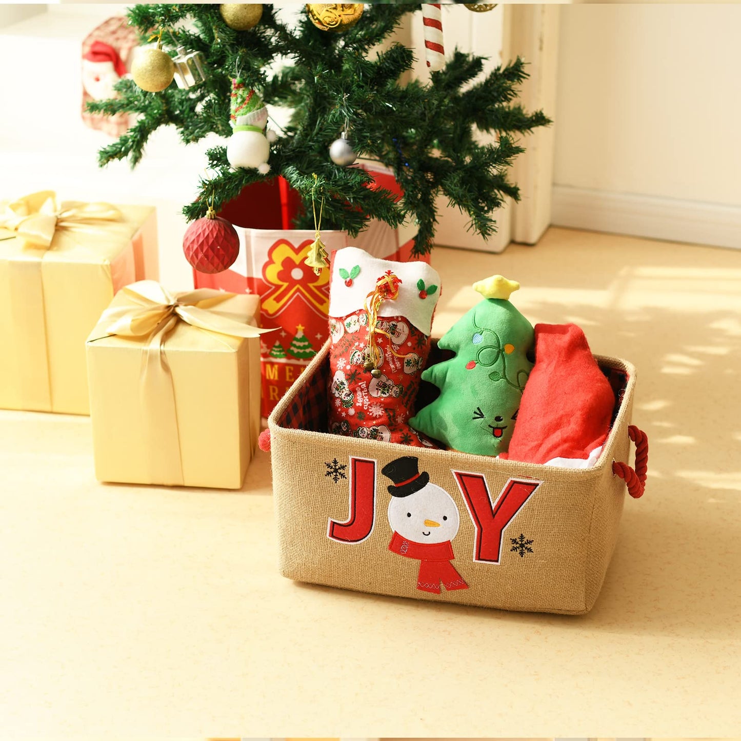 INough Gift Basket Empty Large Christmas Basket Christmas Empty Christmas Gift Baskets with Handles Collapsible Christmas Storage, Holiday Gift for Kidsroom Nursery Play Room (Large, Joy)