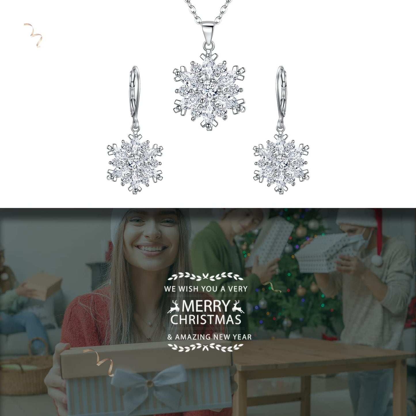 FANZE Fashion Cubic Zircon Snoweflake Jewelry Set for Women Snow Dangle Earring Hypoalllergenic Trendy Gift for New Years Chrismas Thanksgiving Clear Sliver-Tone