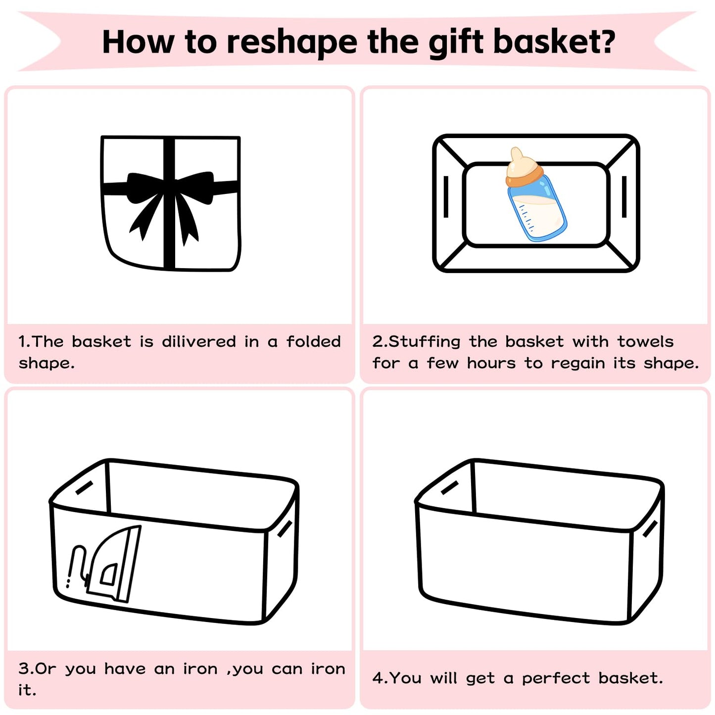 OIAHOMY Large Woven Storage Basket with Handles for Nursery Living Room Shelves, Bow Basket for Gifts Empty with Gift Bags and Ribbons for Baby Showers Pet Toy Bin - Pink