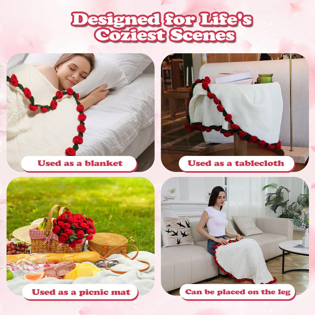Duryeo Stocking Stuffers for Women, Crochet Rose Flower Bouquet Blanket, Christmas, Valentines Day, Wedding, Anniversary, Birthday Gifts Ideas for Mom, Grandma, Girlfriend, Wife, Sister, Couple
