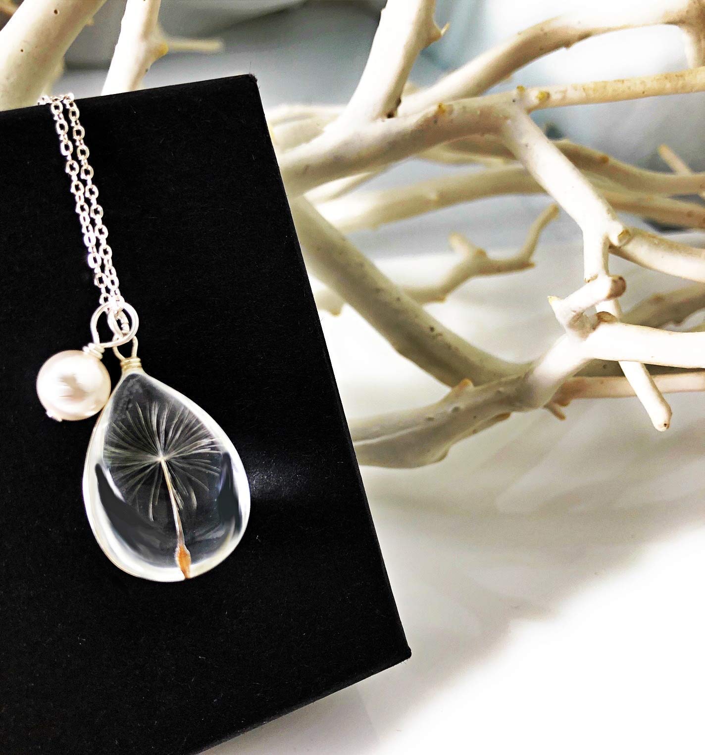 Popular Glass Dandelion Wish Pendant Necklace with Crystal Pearl Charm on 18 Inch Sterling Silver Chain, Beautifully Elegant Gift, by Aimee Tresor Jewelry