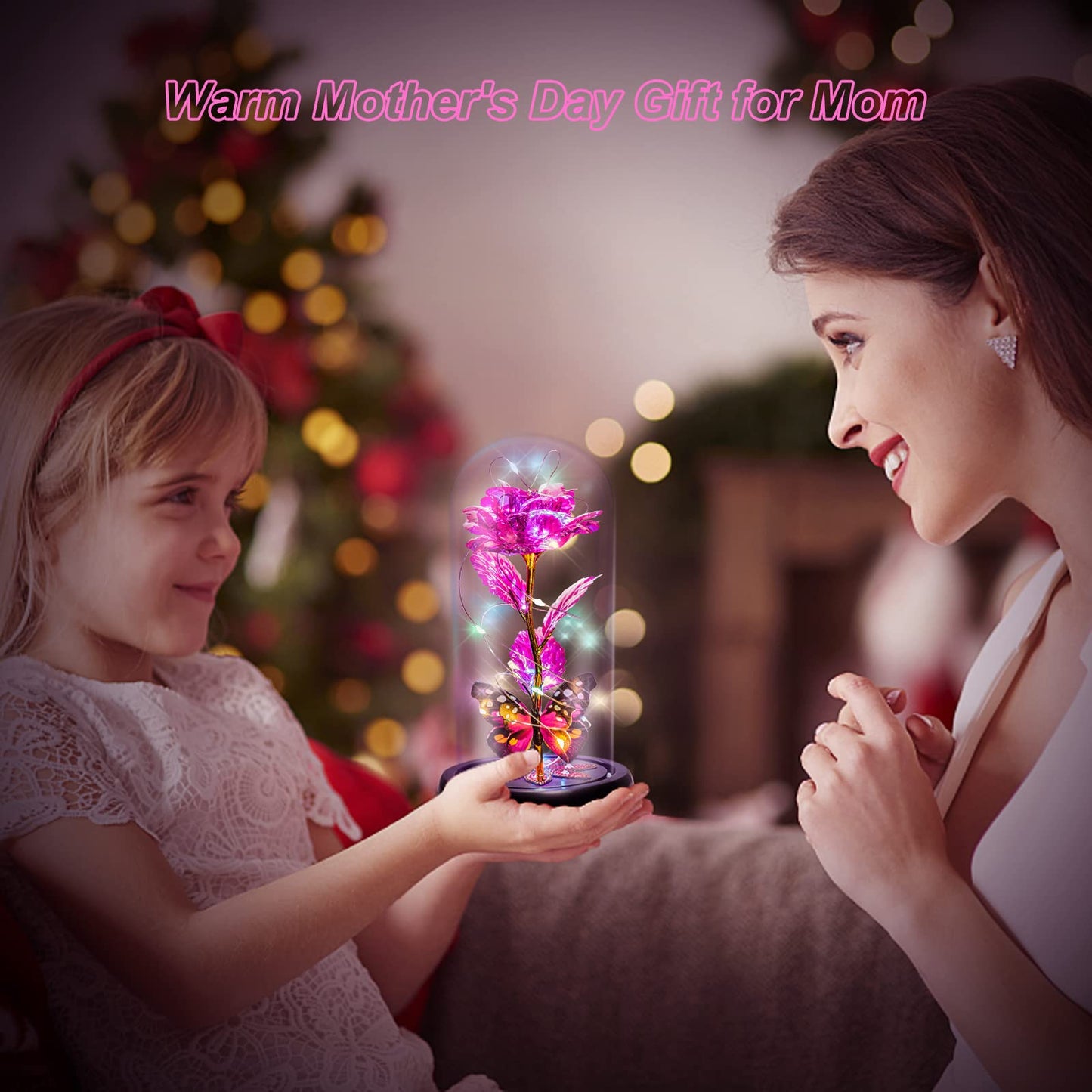 Birthday Gifts for Women Mom, Galaxy Glass Rose Forever Eternal Crystal Flower Light Up Rose in Glass Dome with Butterfly Mothers Day Christmas Rose Gifts for Her Wife Grandma Daughter Friends Pink