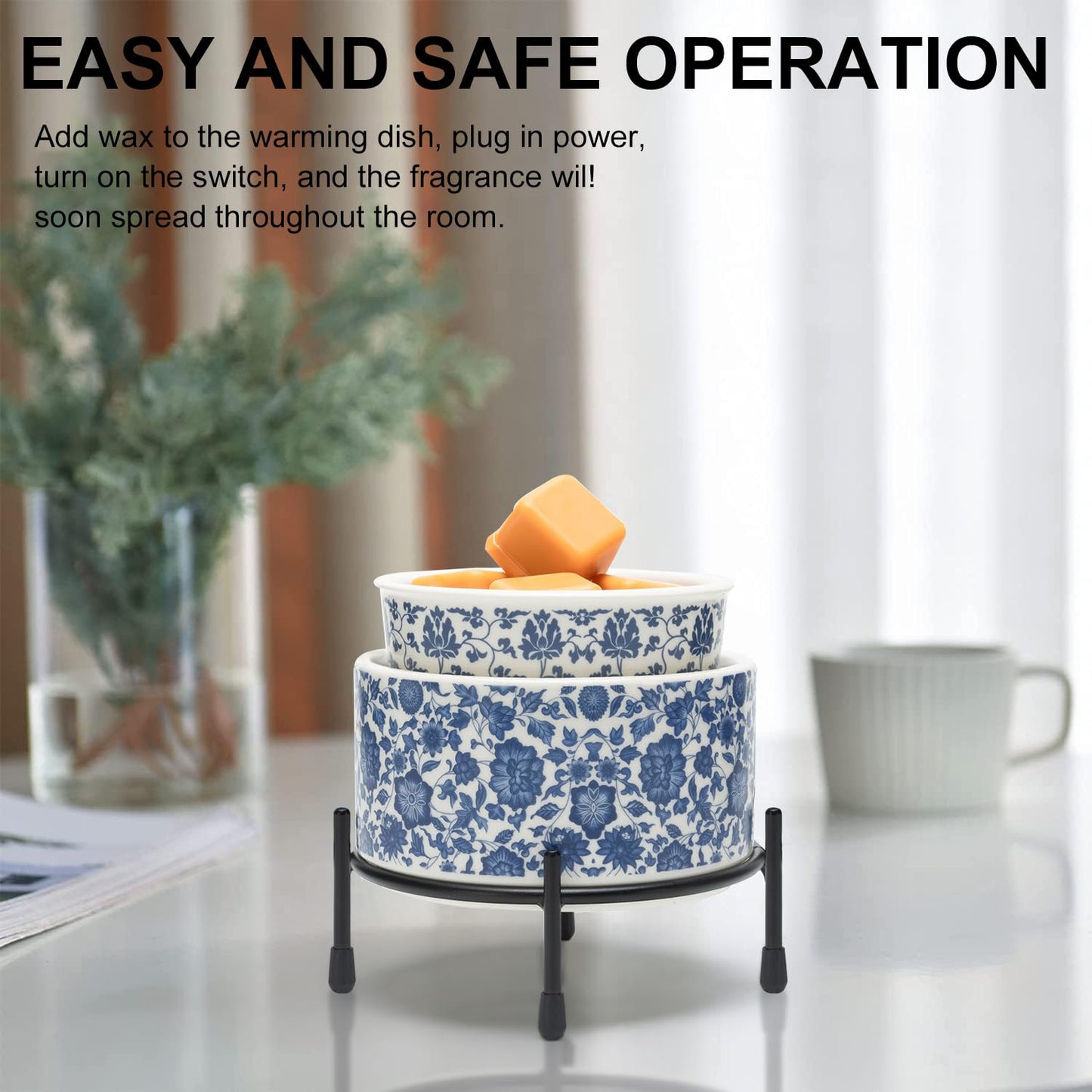 NAFANG Blue & White Porcelain Pattern Wax Melt Warmer,Ceramic 3-in-1 Electric Candle Wax Warmer for Scented Wax Melter Oil Burner for Home Office Bedroom Gift & Decor (with KD Iron Shelf)