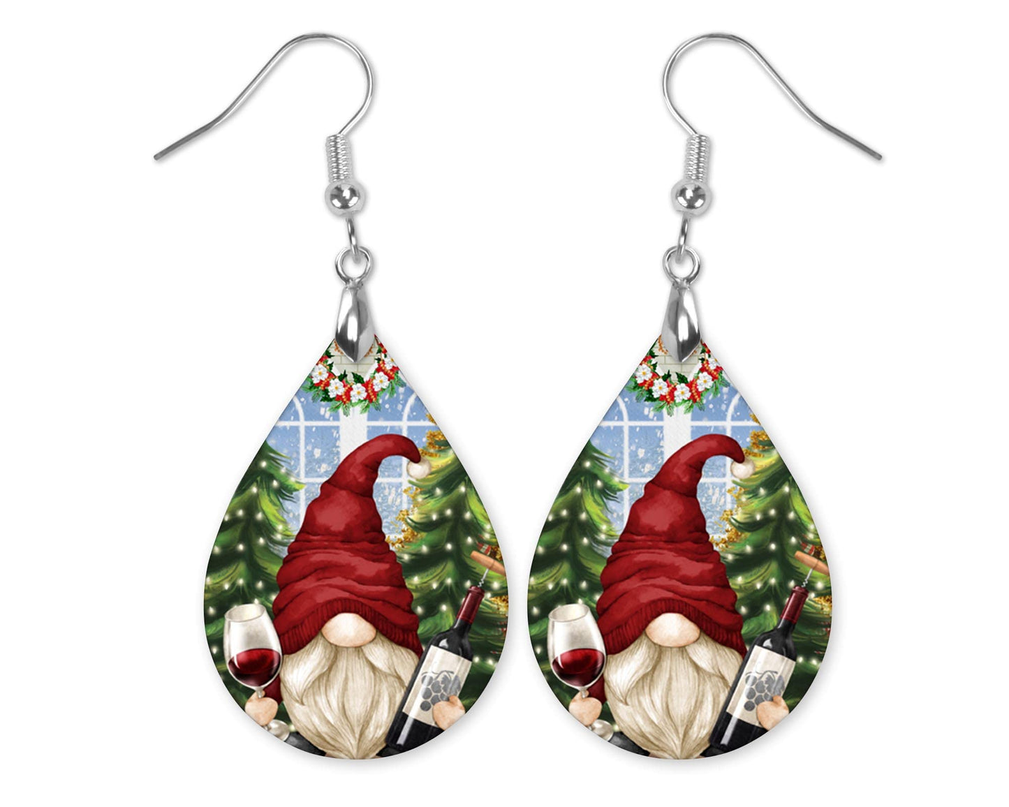 Christmas Gnome Earrings Teardrop Dangle Drop Holiday Festive Jewelry Stocking Stuffer Gift for Women Handmade by The Painted Pug (Wine Gnome)