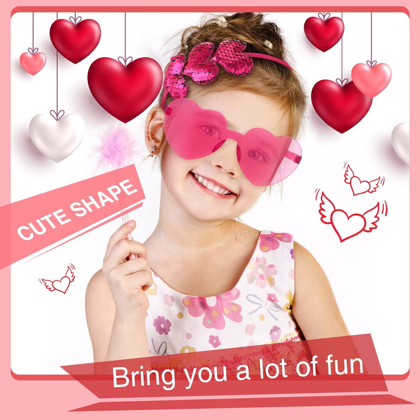 Flutesan 24 Pcs Valentine's Heart Sunglasses and Heart Sequin Headbands Rimless Heart Valentine Glasses, Cupid Love Headband Heart Shaped Glasses Candy Color Eyewear Hair Hoop for Valentine Party