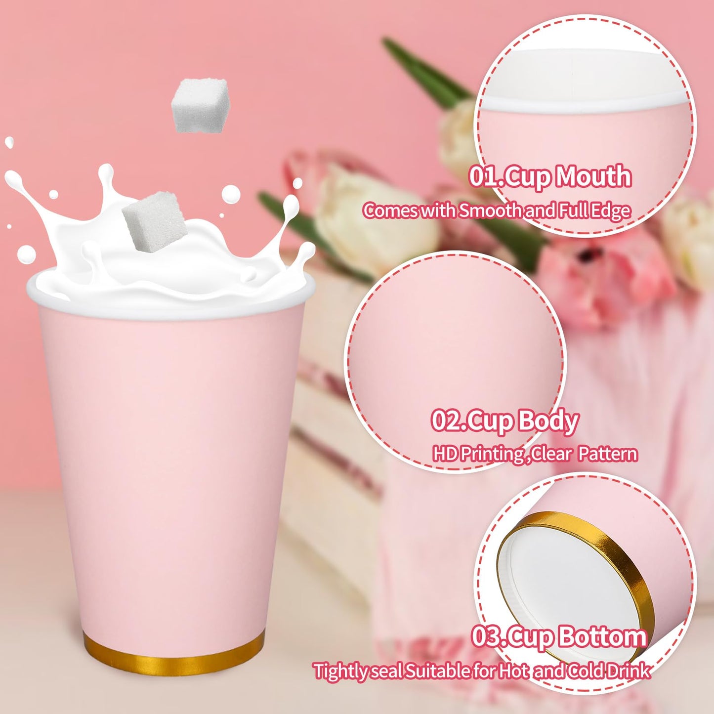 JarThenaAMCS 50Pcs Light Pink Disposable Coffee Cups with Lids and Sleeves 12Oz Foil Gold Border Pink Party Paper Tableware for Wedding Holiday Picnic Birthday Party Bridal Favor Coffee Beverage Tea