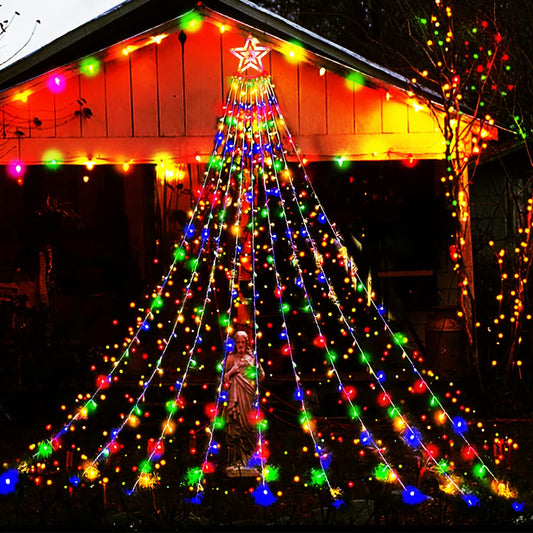 Aokudoni Outdoor Christmas Decorations: 12.6ft 350LED Waterfall Lights 8 Modes Christmas Lights, Xmas Tree House Yard Porch Patio Garden Decor, Multicolor