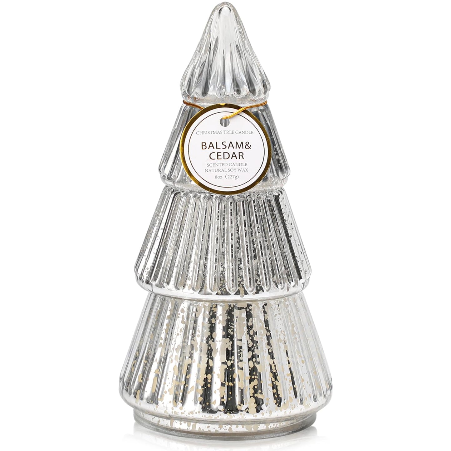 Tree Shaped Scented Candle Gift, Balsam Cedar Scented Candle, Holiday Winter White Silver Mercury Glass Tree Candle, 8oz