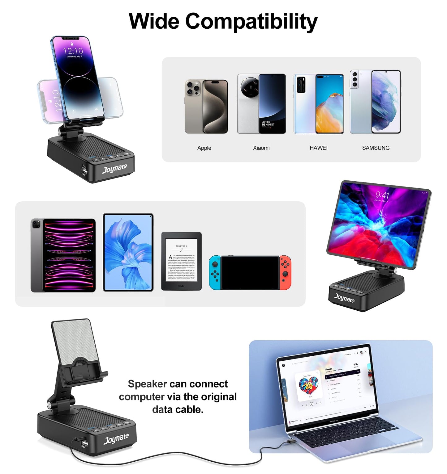 Joymate Gifts for Men Women, Phone Stand with Bluetooth Speaker and Charging Function 360° Rotable Angel Adjustable Cell Phone Holder with HD Stereo Sound Fits All Phones,Tablet (Black)