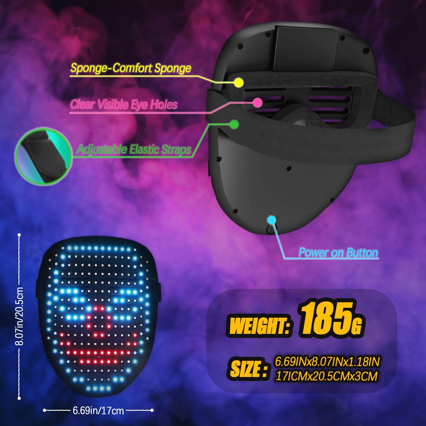 Ompusos LED Mask with Gesture Sensing Transforming Light Up Face Mask for Halloween Rave, Birthday and Masquerade Parties