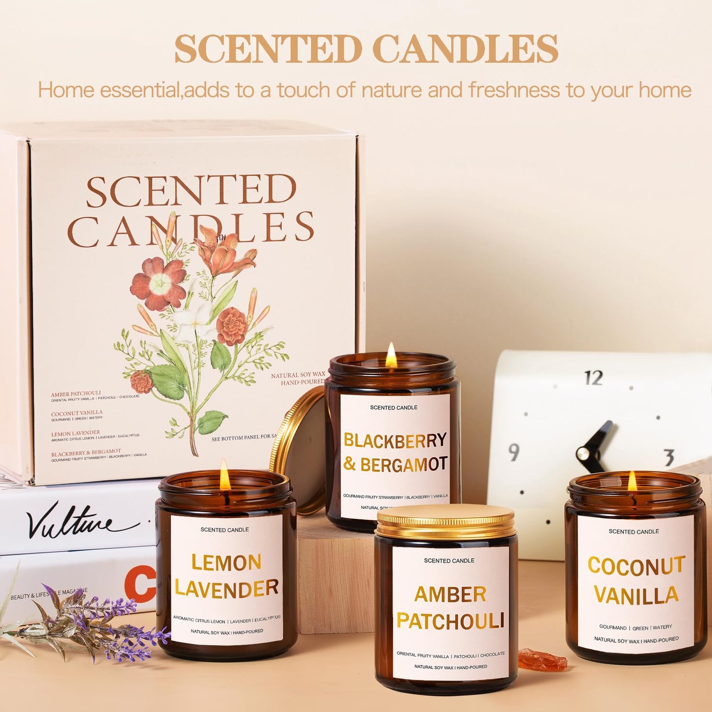 Scented Candles Set, 4 Pack Aromatherapy Candles for Home Scented, Candle Gift Set for Women, 28oz 200H Long Lasting Amber Jar Candles Soy Candles for Women Stress Relief, Relaxing, Spa, Birthday Gift