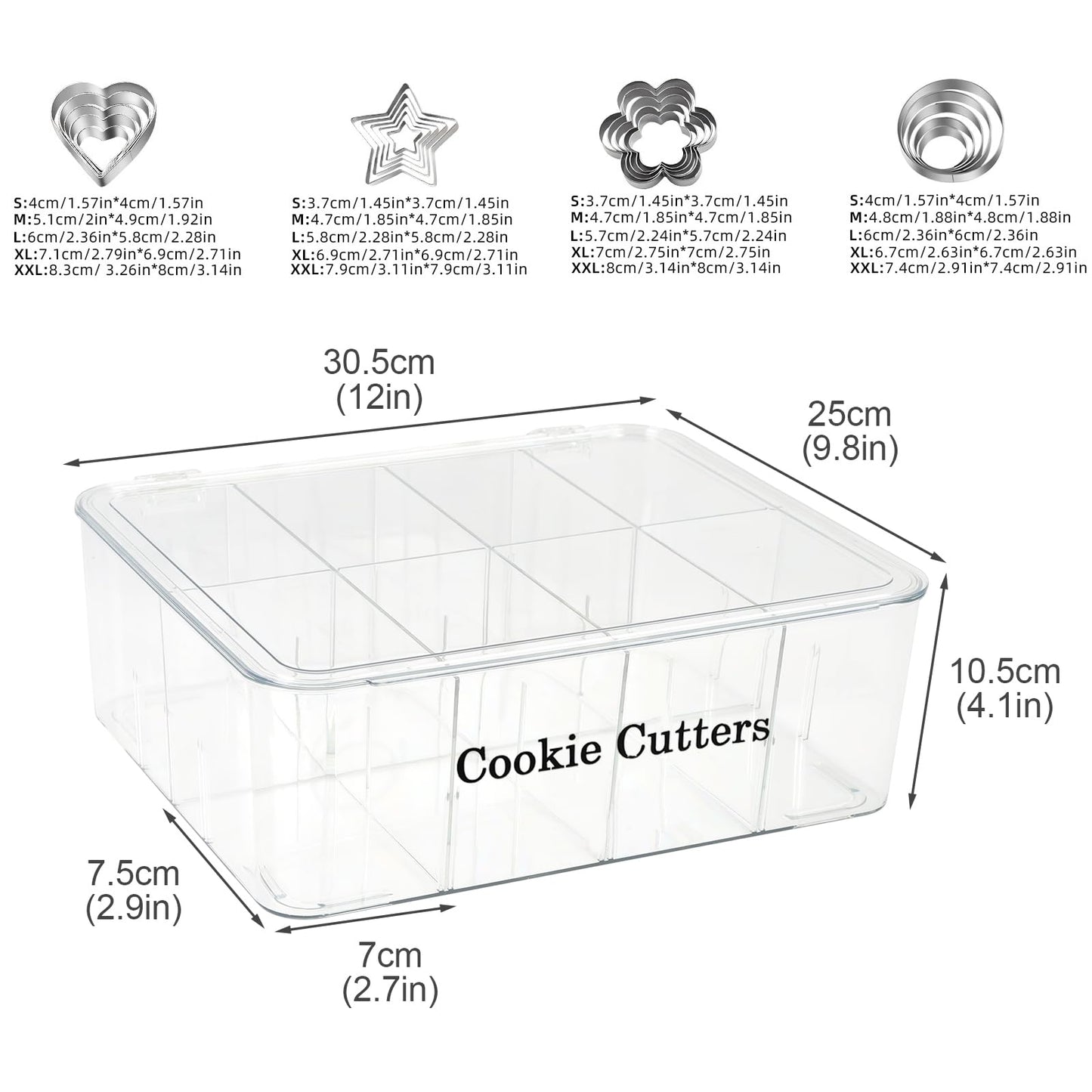 Yomjarl Cookie Cutter Tool Storage Box,Cake Decorating Supplies Accessories Bins,Baking Storage Containers,Transparent Dustproof Lid,biscuits Cutter Organizer Storage with 8 Adjustable Compartment