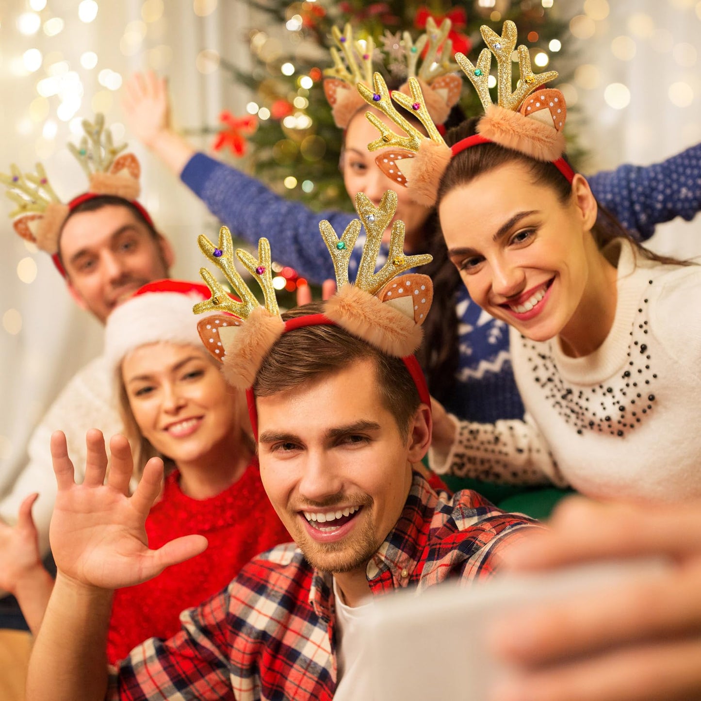 Crowye 6 Pcs Christmas Reindeer Antlers Headband Xmas Glitter Elk Antlers Headband for Hair Accessories(Sequin Bell)