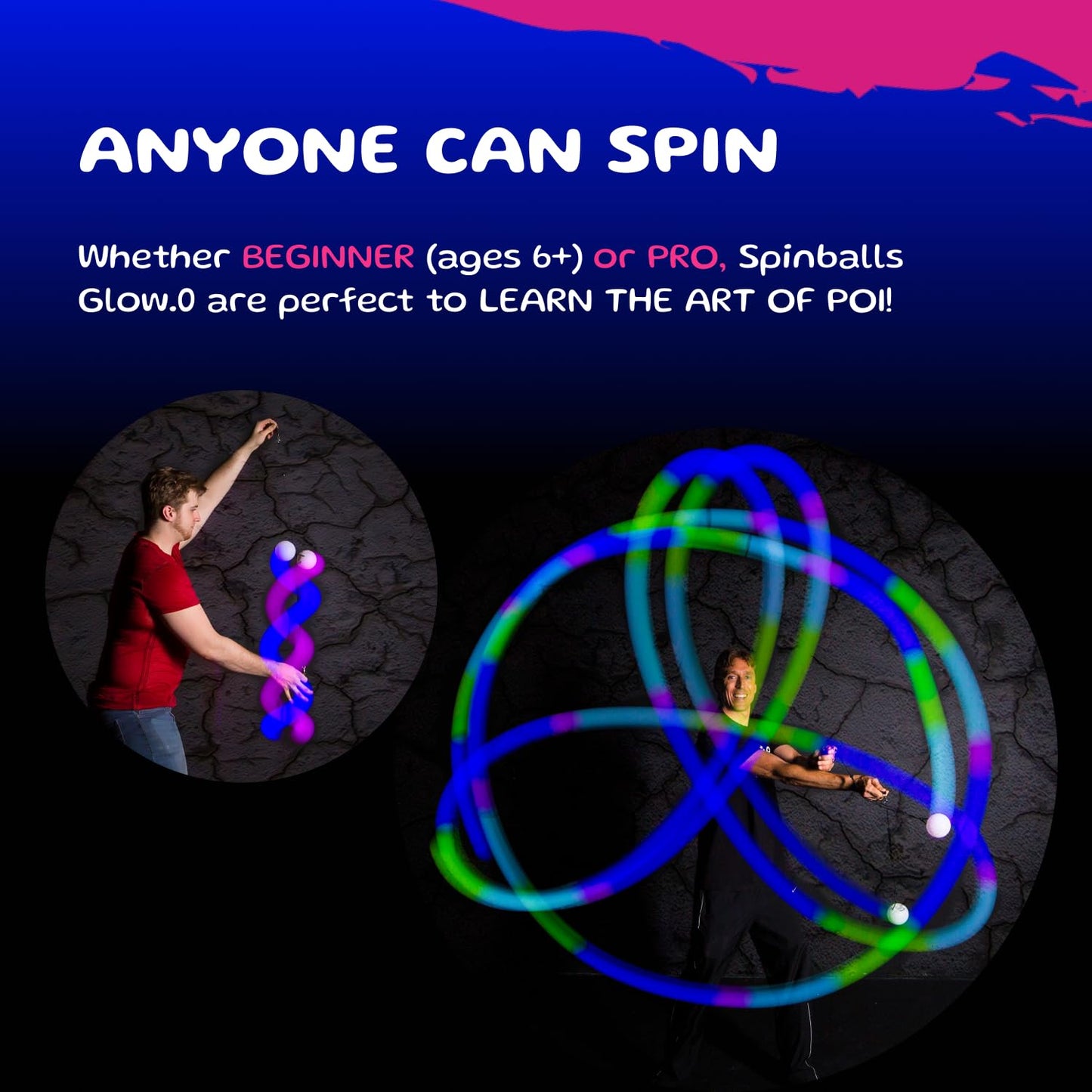 SPIN BALLS Glow.0 LED Poi – USB Rechargeable w/ 22 Vibrant Color Light Modes & Patterns – Durable, Soft-Core Spinning Balls w/Adjustable Leashes & Double-Loop Handles