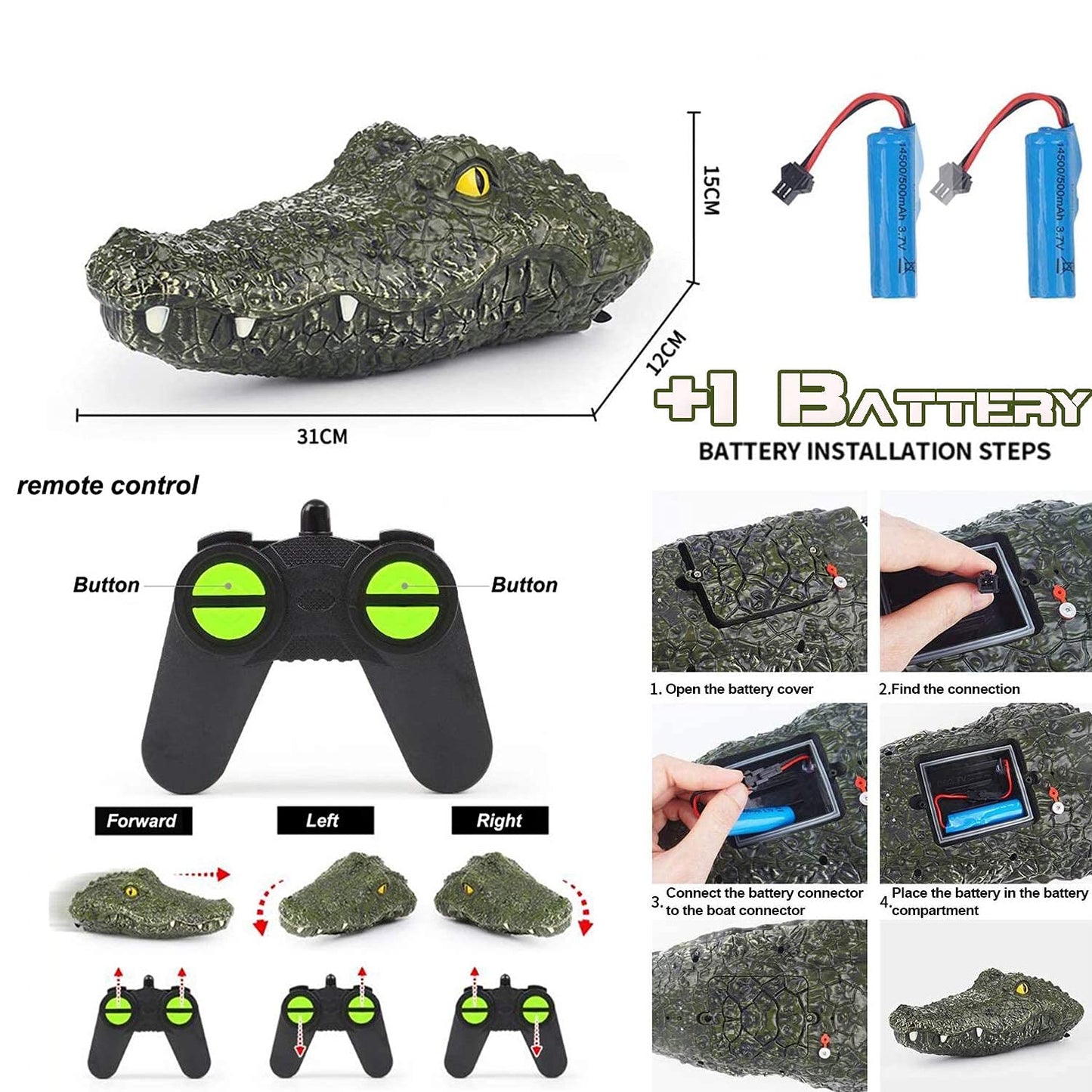 2.4GHz Remote Control Crocodile Head Boat for Pools and Lakes High Simulation Alligator Heads RC Boats Prank Toys for Adults and Kids - RC Boats