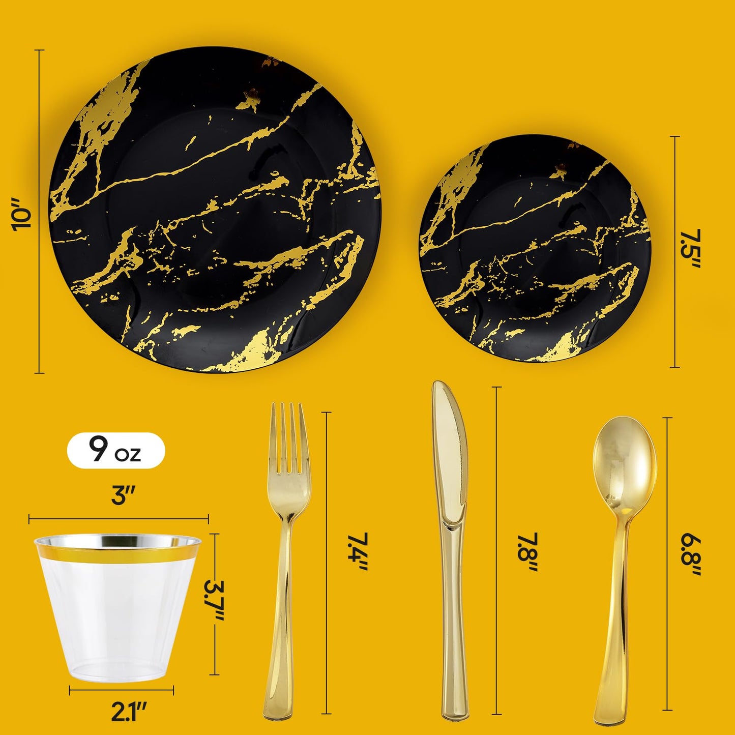 JOLLY PARTY 180PCS Disposable Dinnerware Set 30 Guest, 60 Black and Gold Plastic Plates, 30 Silverware, 30 Plastic Cups, Marble Design Dinnerware for Halloween, Wedding and Parties