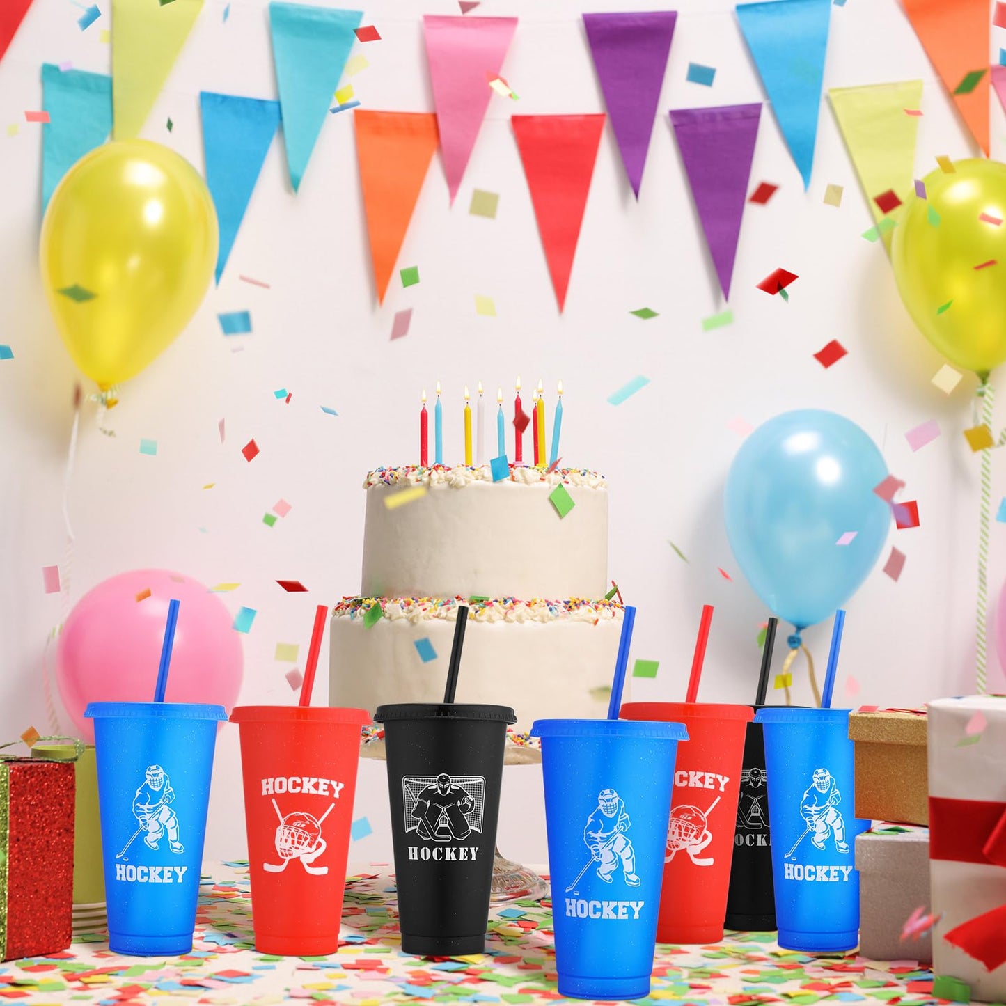 Willinglong 24 Pcs Hockey Plastic Tumblers with Lids and Straws for Hockey Reusable Cute Iced Coffee Travel Cups Mug Water Bottle for Birthday Party