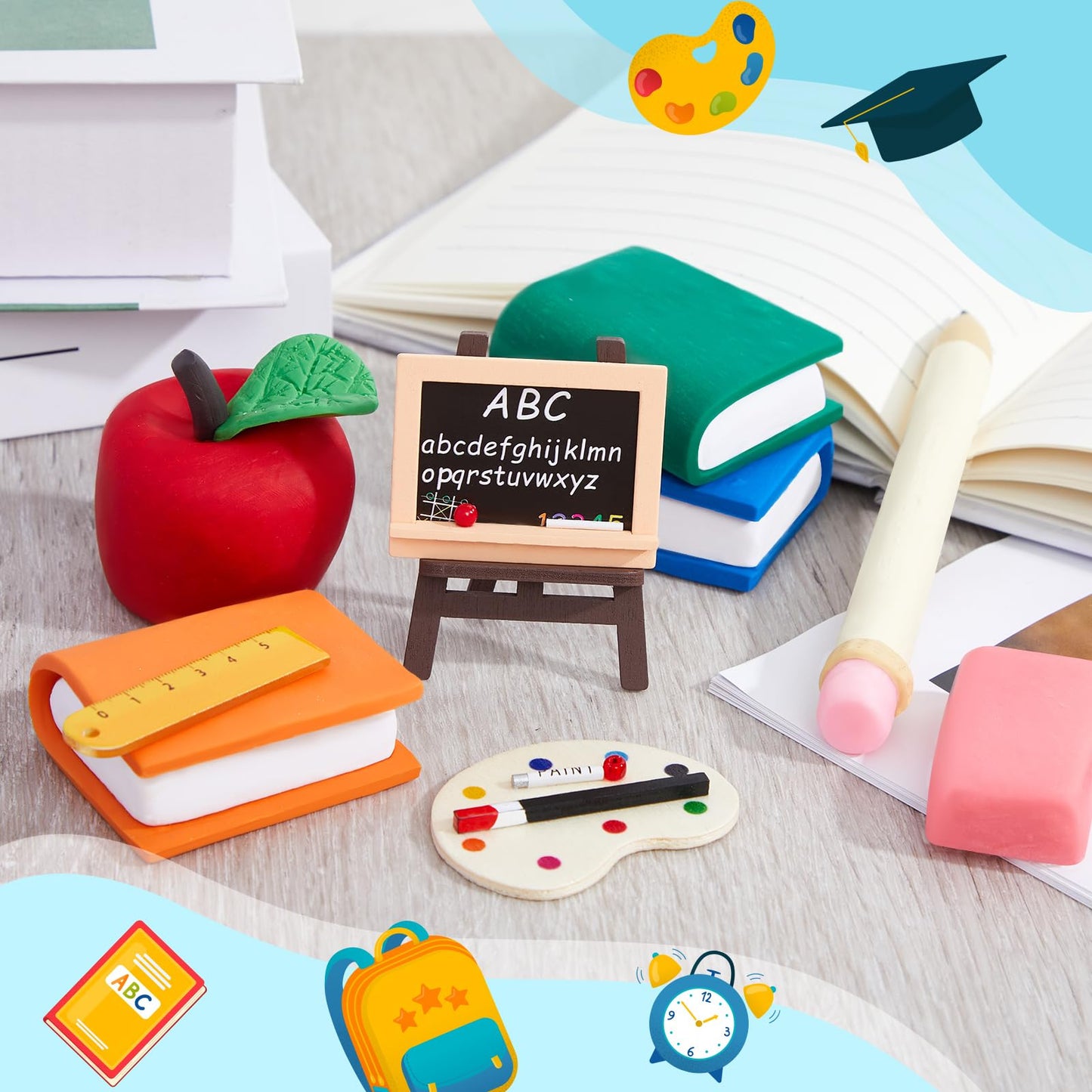 Soulchen 10 Pcs Back to School Cake Decorations First Day of School Cake Topper Apple Easel Book Pencil Stationery Welcome Party favor for Themed Party Supplies