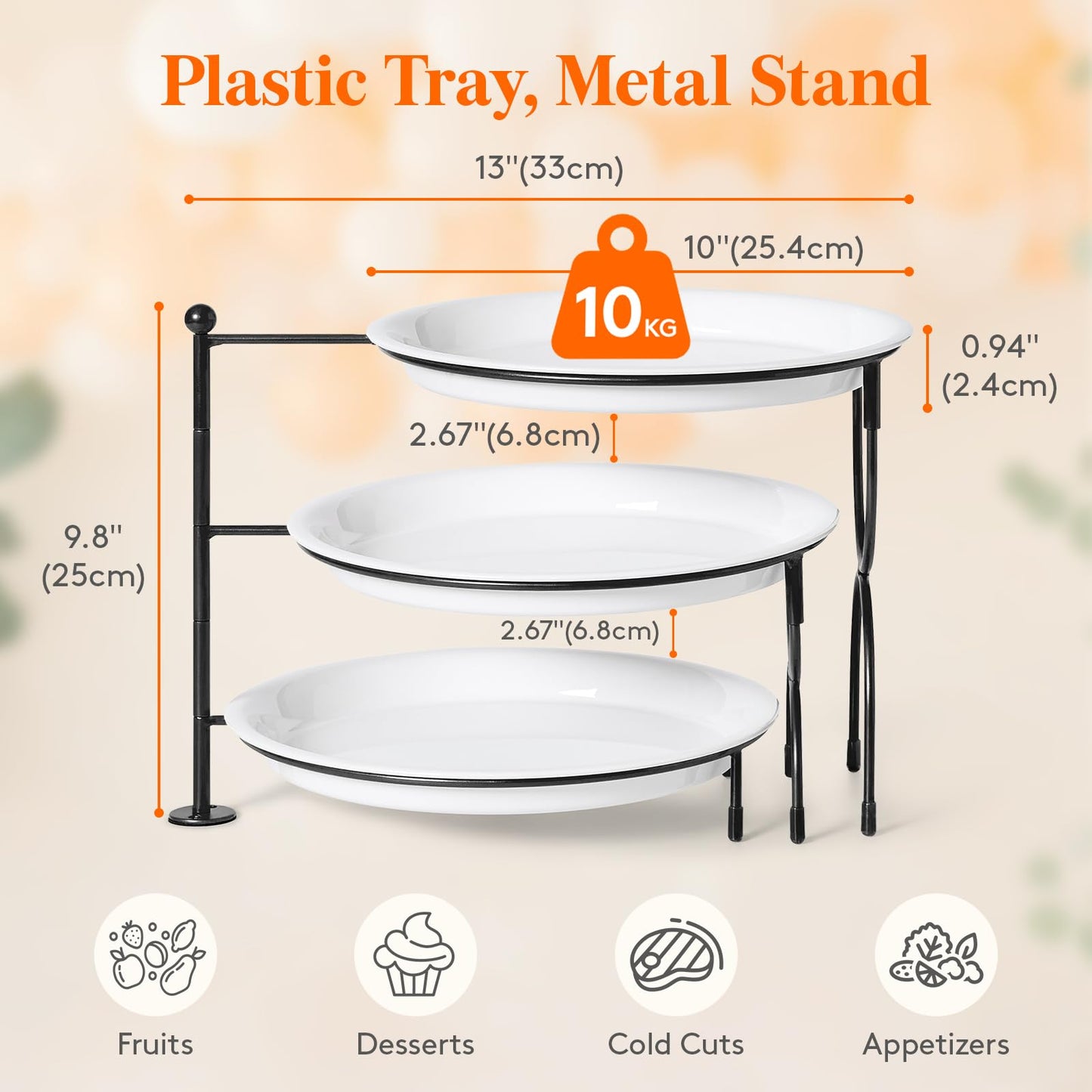 Lifewit Plastic 3 Tier Serving Tray Platter for Party Entertaining, 10" × 10" Large Dessert Table Display Set, White Reusable Round Dishes with Black Metal Display Stand for Veggie, Fruit, Cookies
