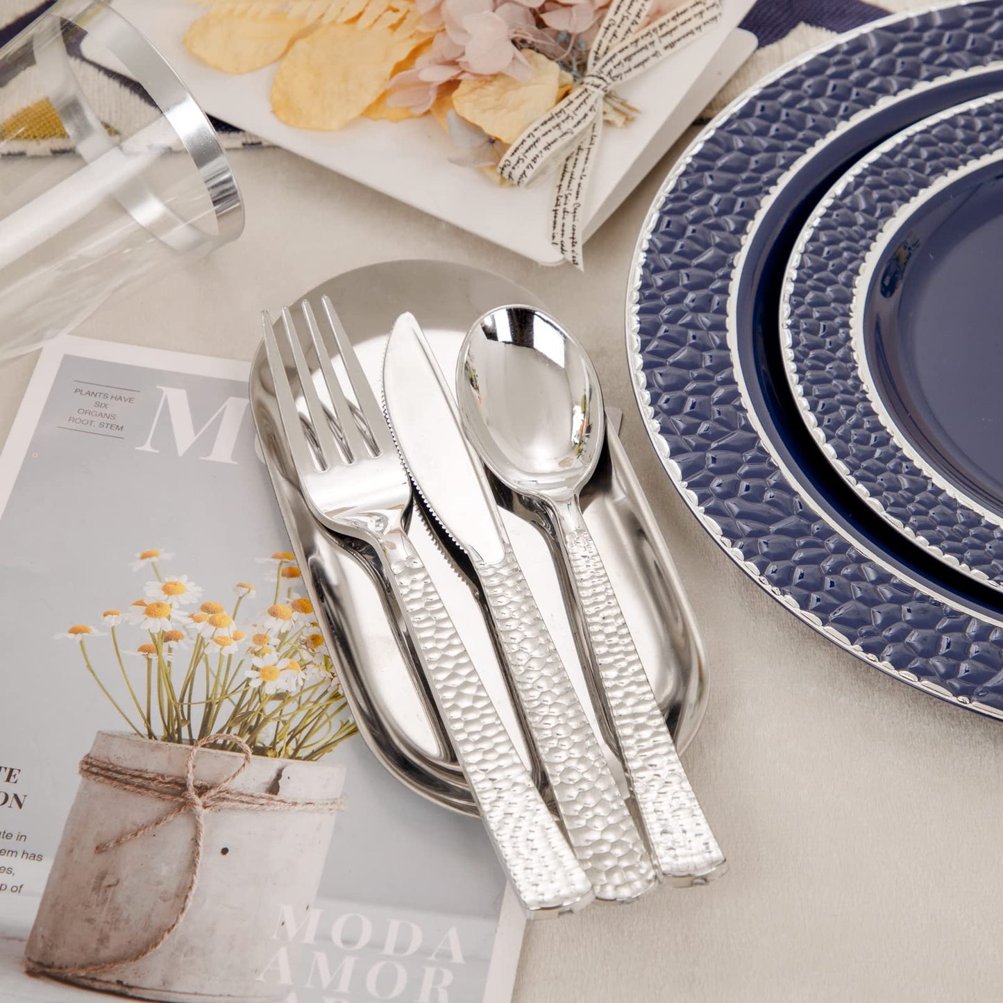 Ciaell 150 PCS Blue and Silver Plastic Plates - Blue Disposable Plate include 50 Plates, 25 Knives, 25 Forks, 25 Spoons, 25 Cups for Weddings & Party & Graduation
