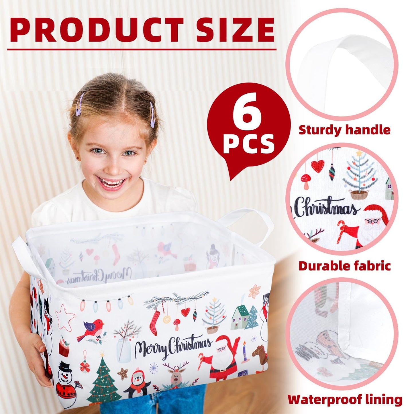 Maxcheck 6 Pcs Large Christmas Santa Storage Basket Foldable Christmas Gift Basket Rectangle Xmas Present Storage Boxes Bin Fabric Laundry Storage Organizer with Handles for Cloth Toy