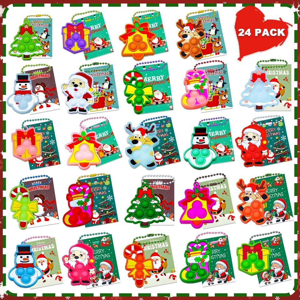 24 Packs Christmas Pop Its Fidget Toys Bulk, Student Gifts from Teacher Bulk Christmas with Cards, Classroom Gifts, Kids Party Favors, Stocking Stuffers, Holiday Prizes