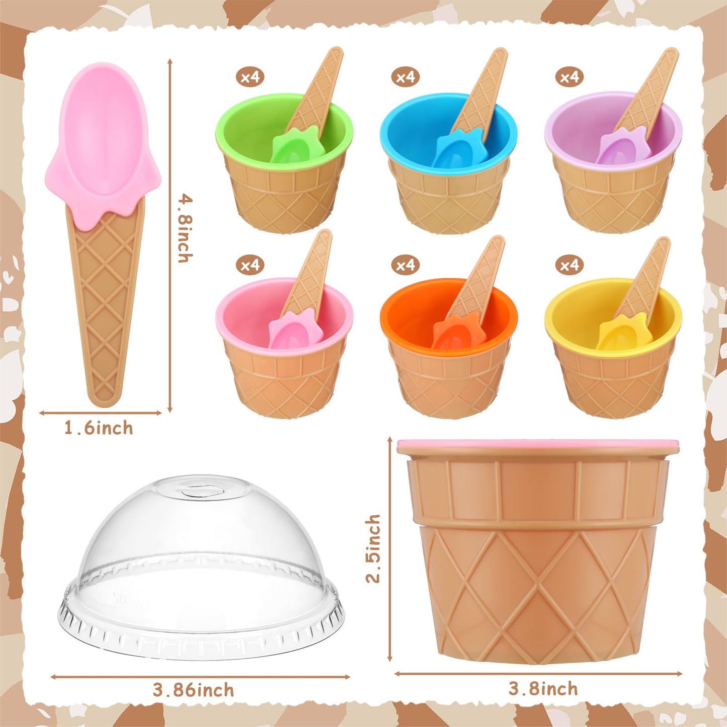 Jingmore 72 Pcs Reusable Ice Cream Bowls And Spoons Set Plastic Ice Cream Cups With Spoons And Lids Bulks Cartoon Candy Color Sundae Cups For Sundae Frozen Yogurt Summer Holiday Party, 6 Colors