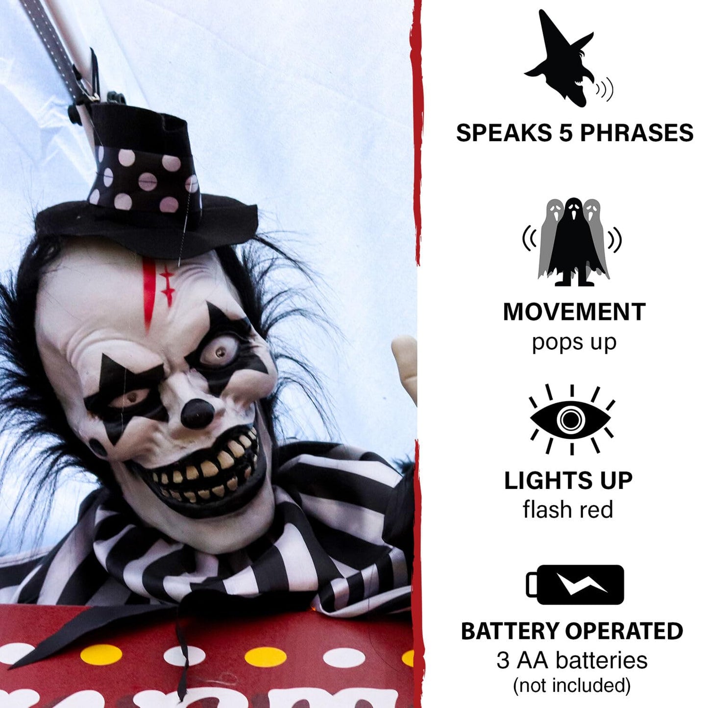 Haunted Hill Farm Scary Talking Groundbreaker Clown, Halloween Animatronic with Motion and Touch Activated Lights and Sounds, Battery Operated Indoor or Covered Outdoor Halloween Decorations