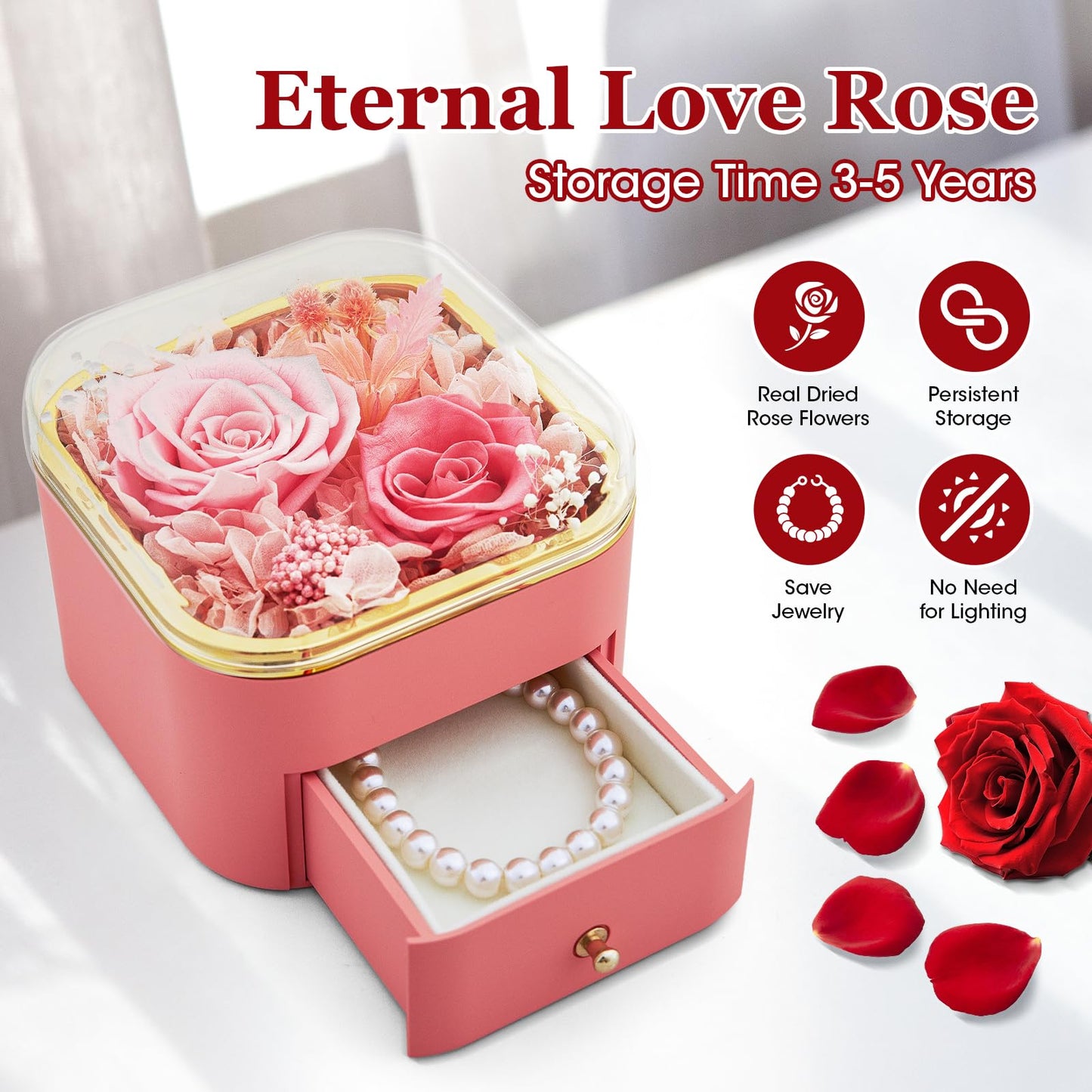 INYPTROPIC Preserved Real Rose with Pearl Bracelets Forever Flowers Jewelry Box for Mom Wife Girlfriend Grandma on Mothers Day Birthday Valentines Christmas Anniversary Beatiful Gifts for Women