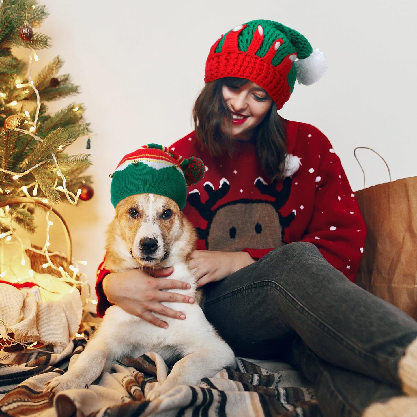 12 Pcs Christmas Knitted Hat Winter Santa Hat with Pom Xmas Elf Knit Crochet Beanie Skull Cap for Festive Party Adult Kids(Classic)