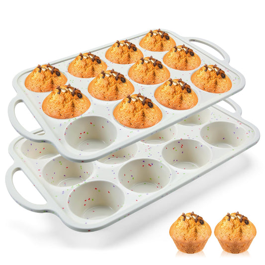 2Pack Silicone Muffin Pan for Baking with Metal Reinforced Frame, 12 Cup Regular Size Cupcake Pan, BPA Free Silicone Muffin Tray, Cupcake Baking Pan Molds for Oven Dishwasher Safe