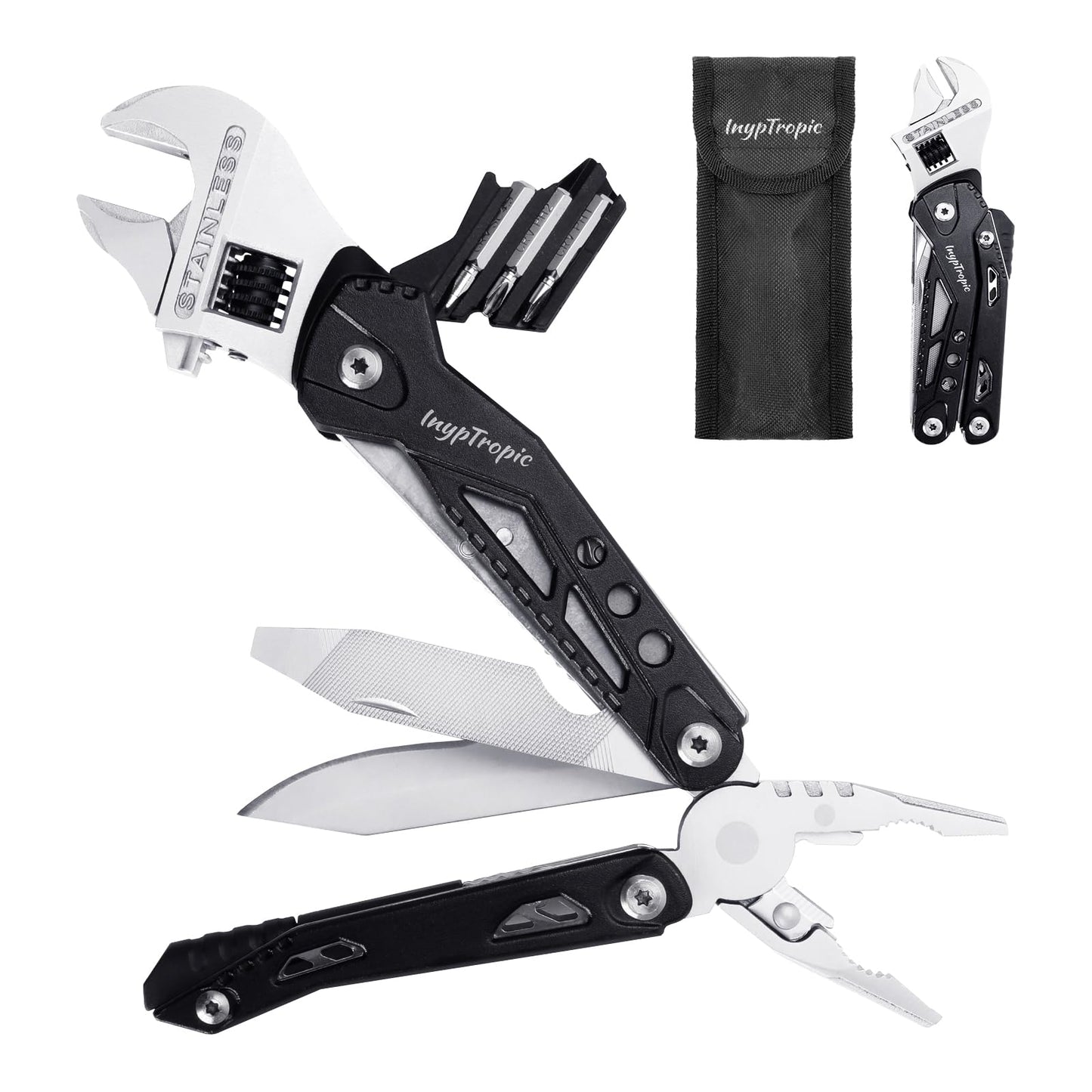 INYPTROPIC Multitool Wrench With 14 Tools/Pliers/Wire Cutter Gift for Dad.Portable Folding Multifunctional Pocket Knife Adjustable Multi Purpose Stainless Steel Tool (Silver black)