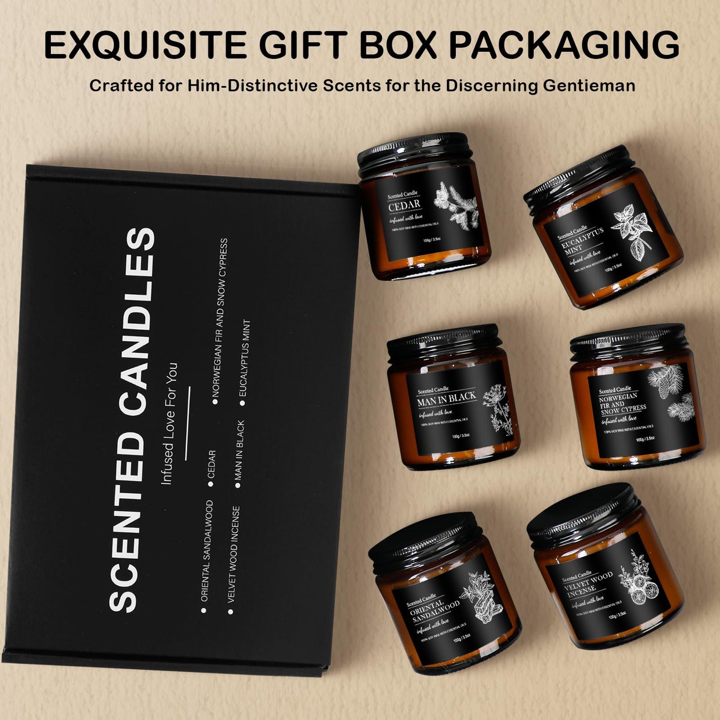 Scented Candle Set | Men Candle Set - 6 Pack Candles for Home Scented, Aromatherapy Candle for Men,150 Hour Burn Time, Masculine Candles Gifts for Birthday, Father's Day