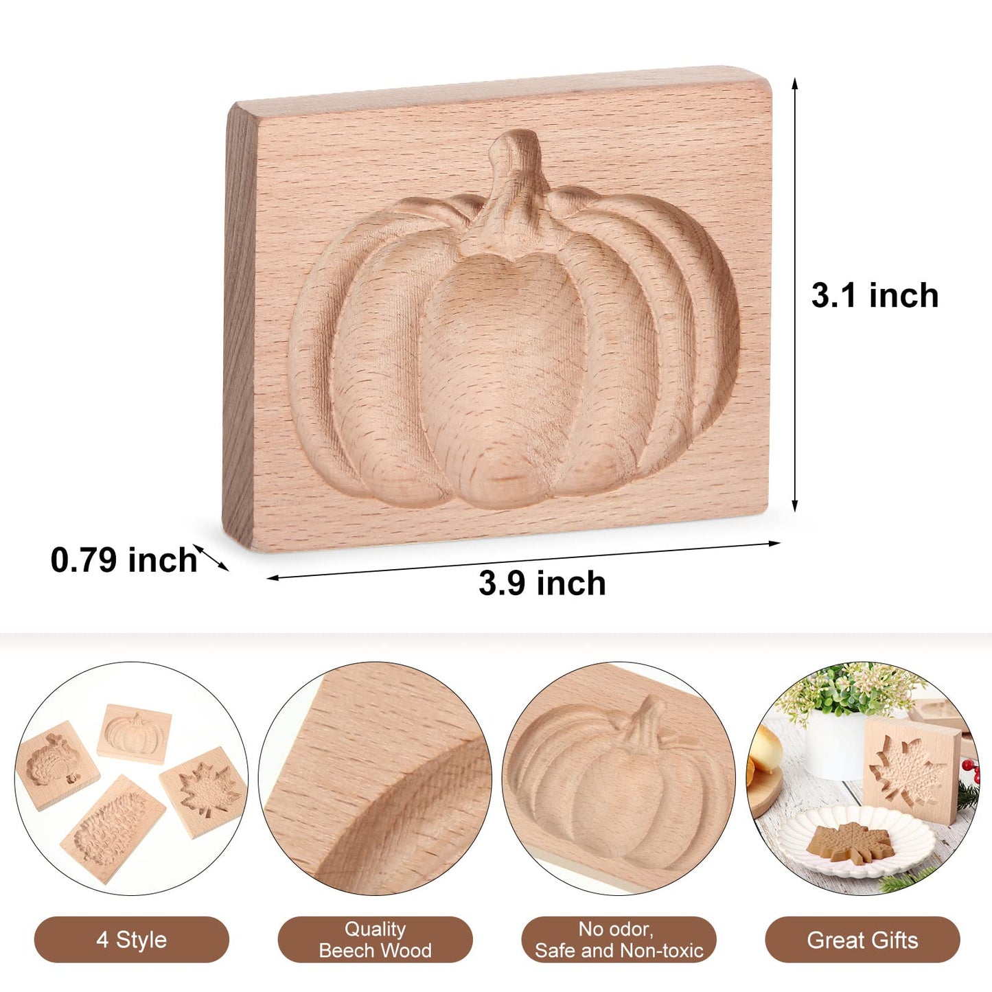 eBoot 4 Pcs Thanksgiving Cookie Molds Carved Wooden Cookie Press Embossing Cookie Cutter Funny 3D for Kitchen Baking DIY, 4 Styles